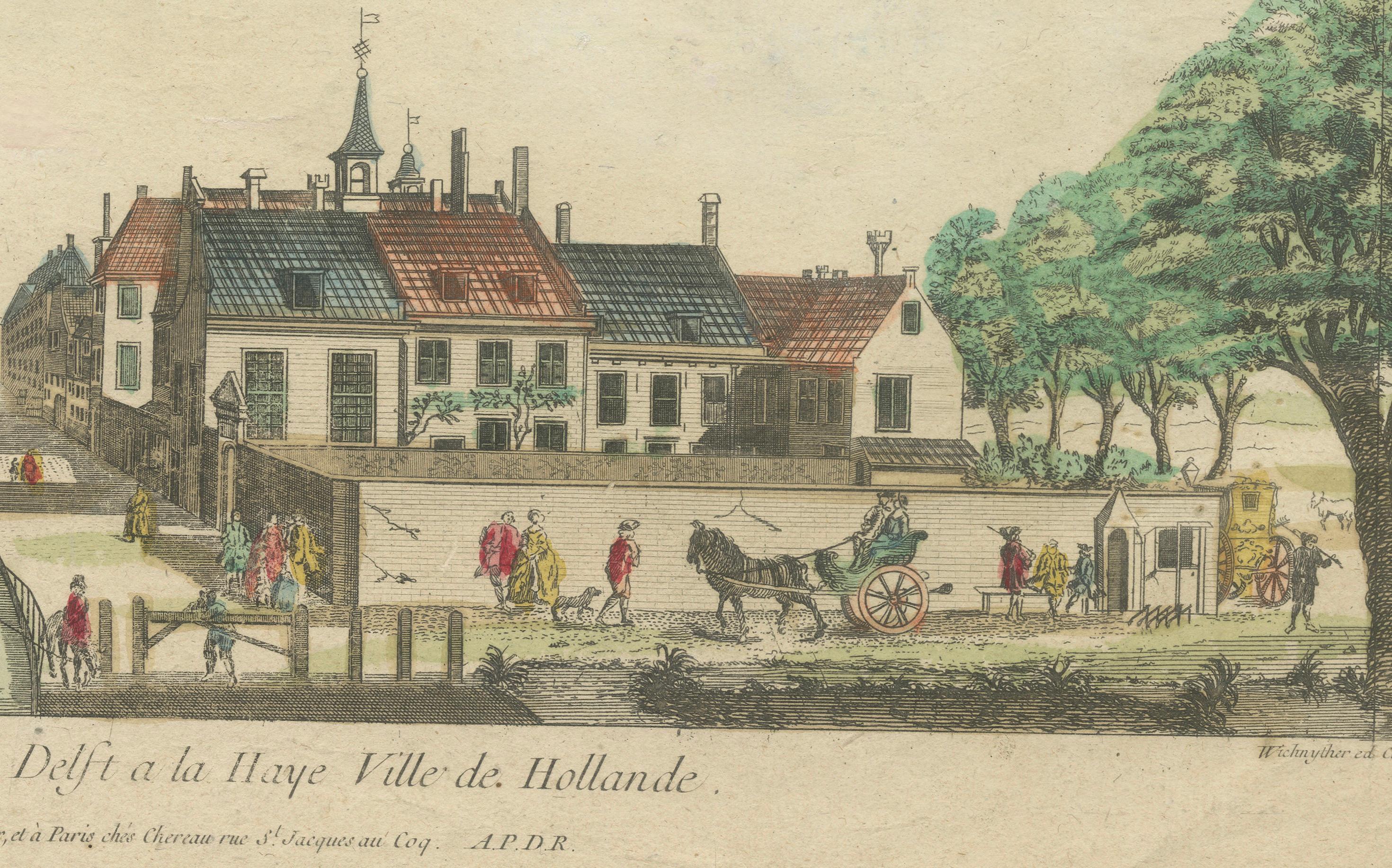French View of Delft Canal to The Hague – Hand-Colored Optical Print, Paris, c.1760 For Sale