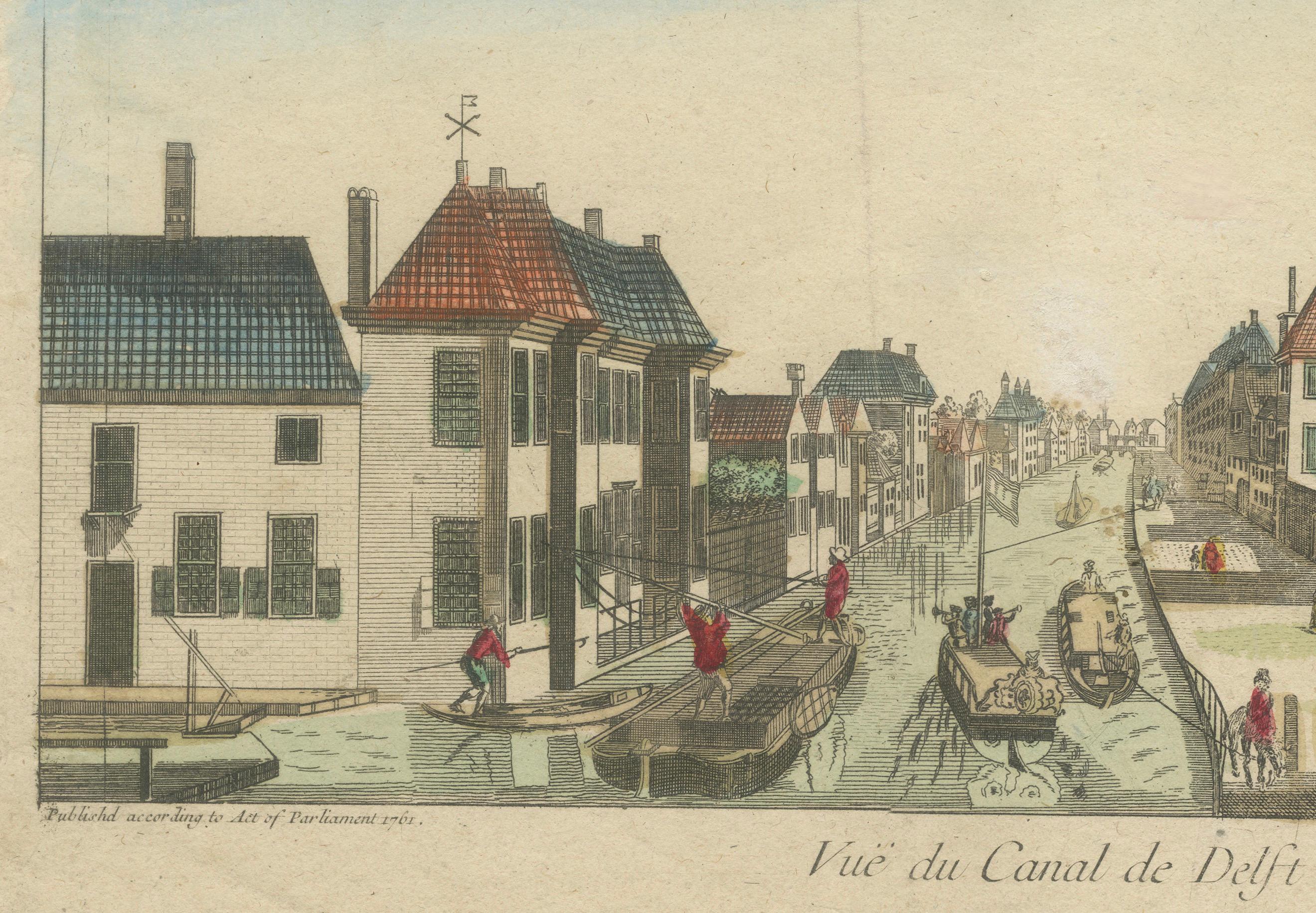 Engraved View of Delft Canal to The Hague – Hand-Colored Optical Print, Paris, c.1760 For Sale