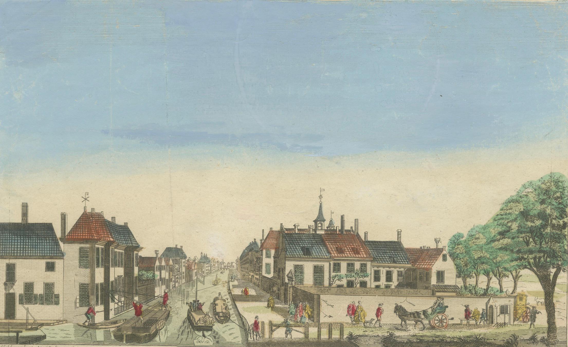 View of Delft Canal to The Hague – Hand-Colored Optical Print, Paris, c.1760 In Fair Condition For Sale In Langweer, NL