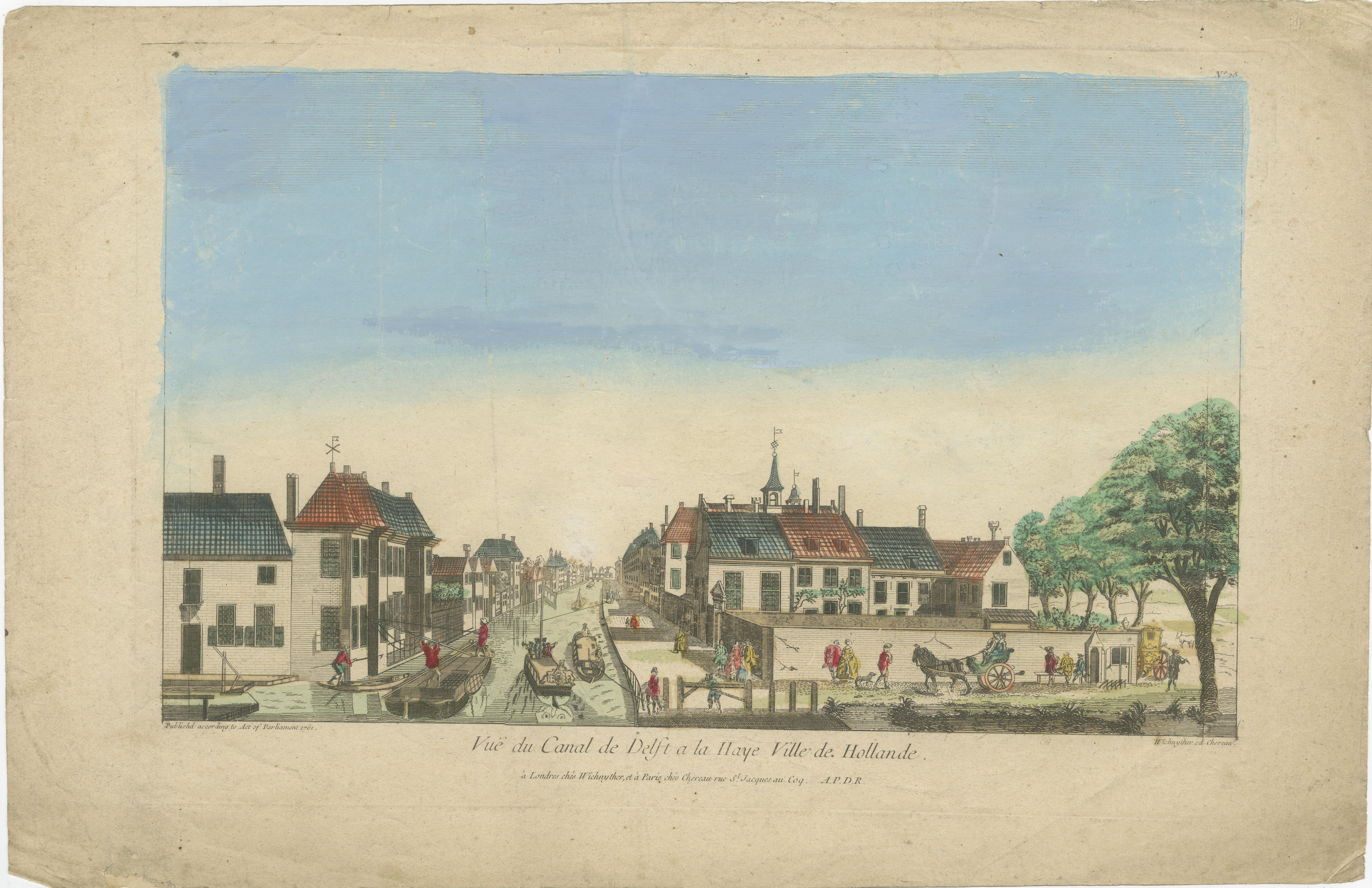 Paper View of Delft Canal to The Hague – Hand-Colored Optical Print, Paris, c.1760 For Sale