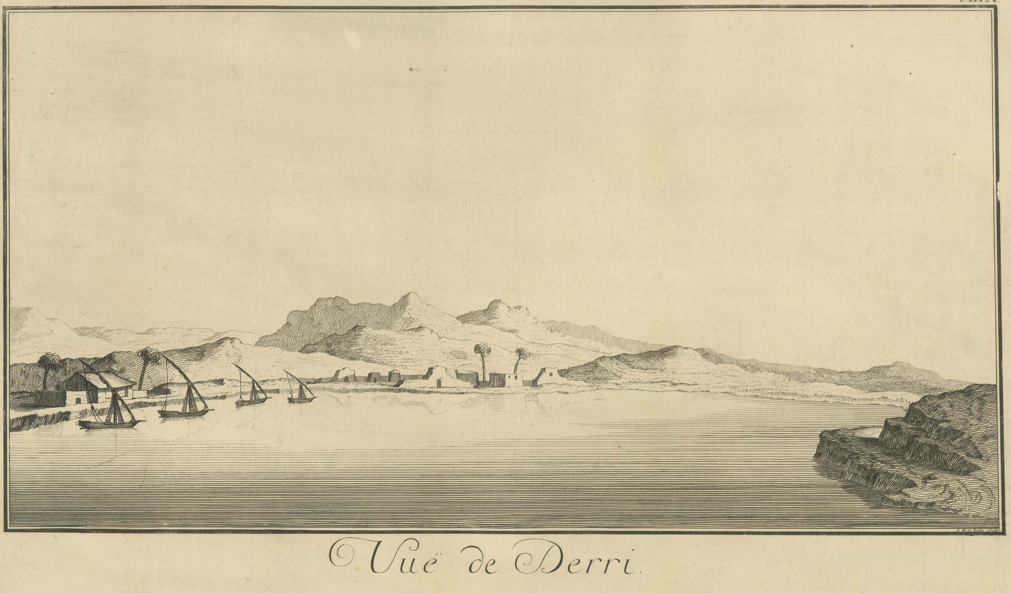 View of Derri on the Nile – Antique Egypt Panoramic Engraving, c.1755