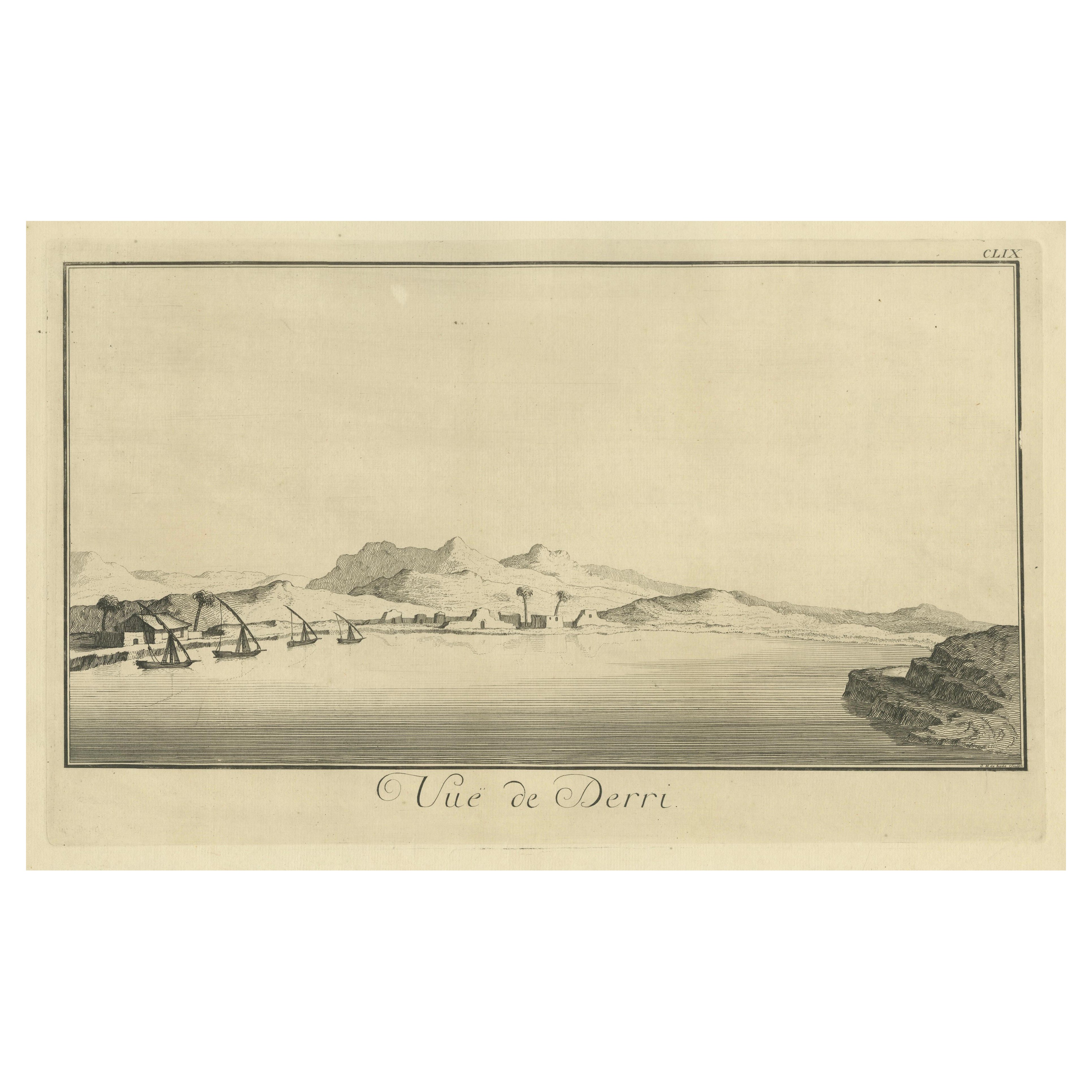 View of Derri on the Nile – Antique Egypt Panoramic Engraving, c.1755 For Sale