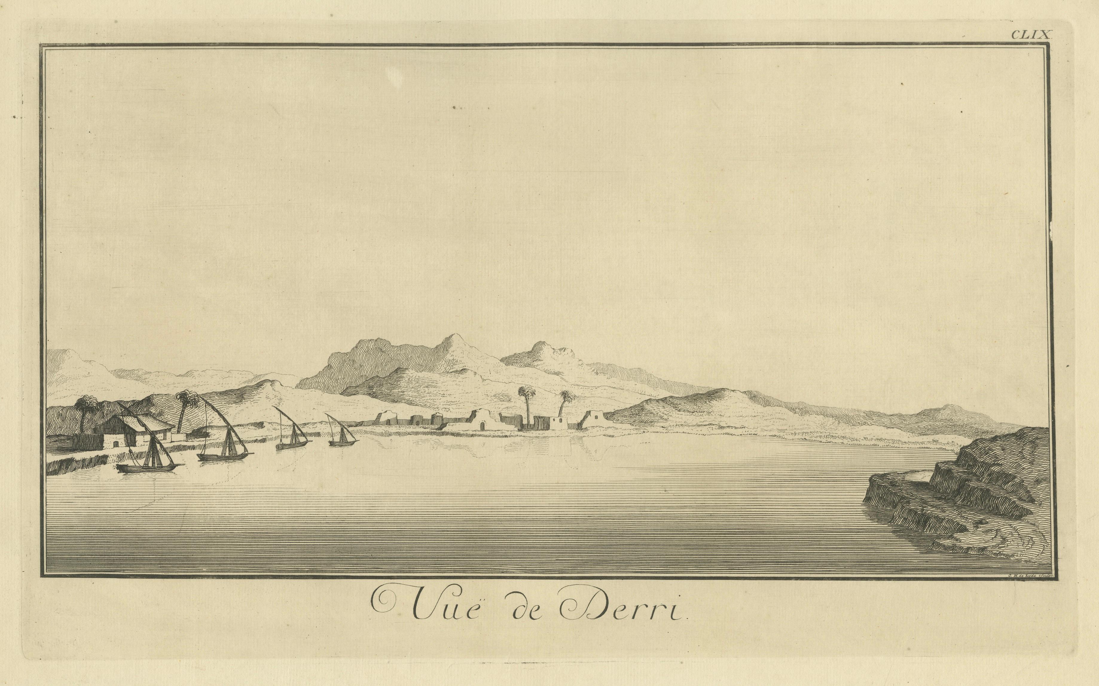 View of Derri on the Nile – Antique Egypt Panoramic Engraving, c.1755