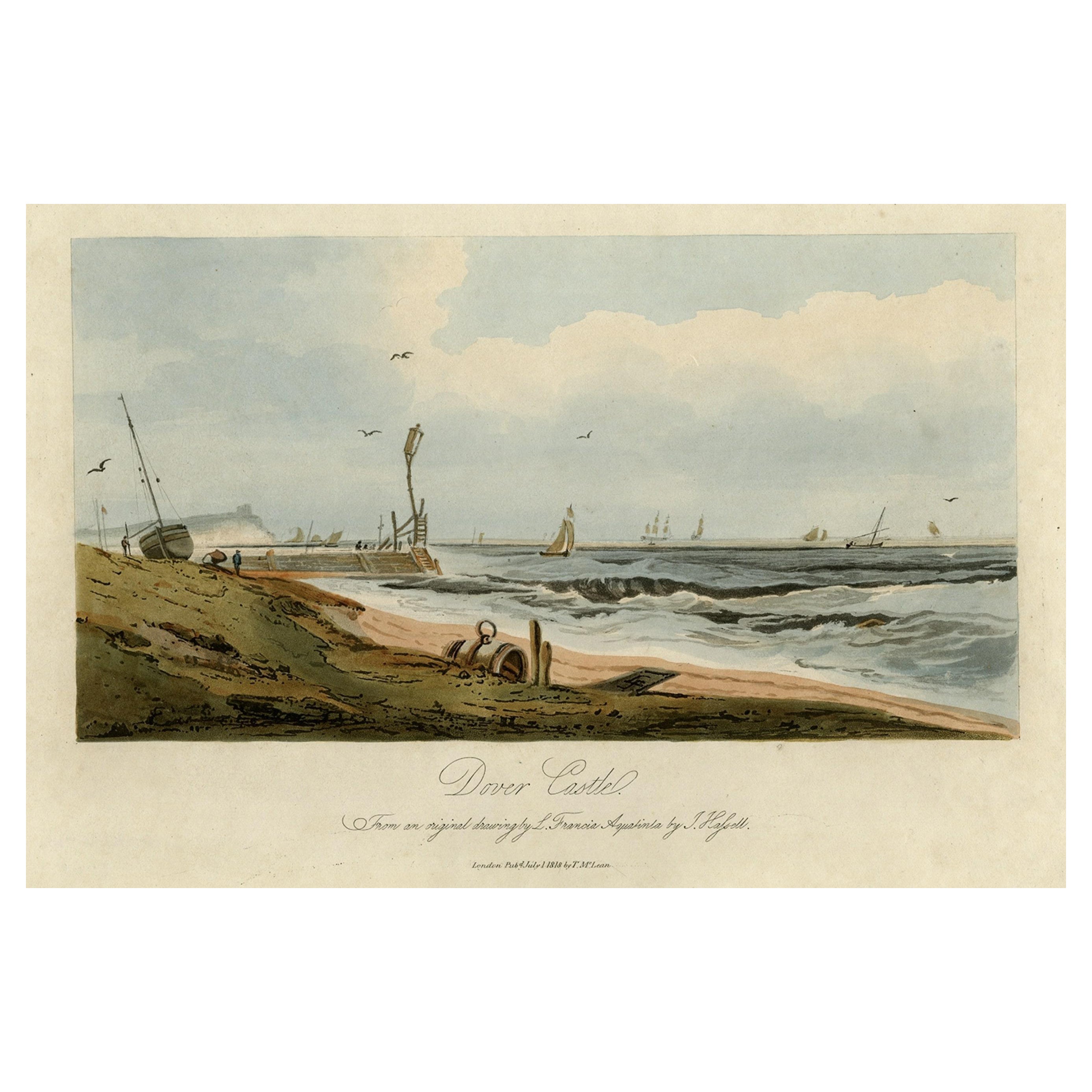 Vista del castillo de Dover sobre los acantilados del fondo, Inglaterra, 1818 en venta
