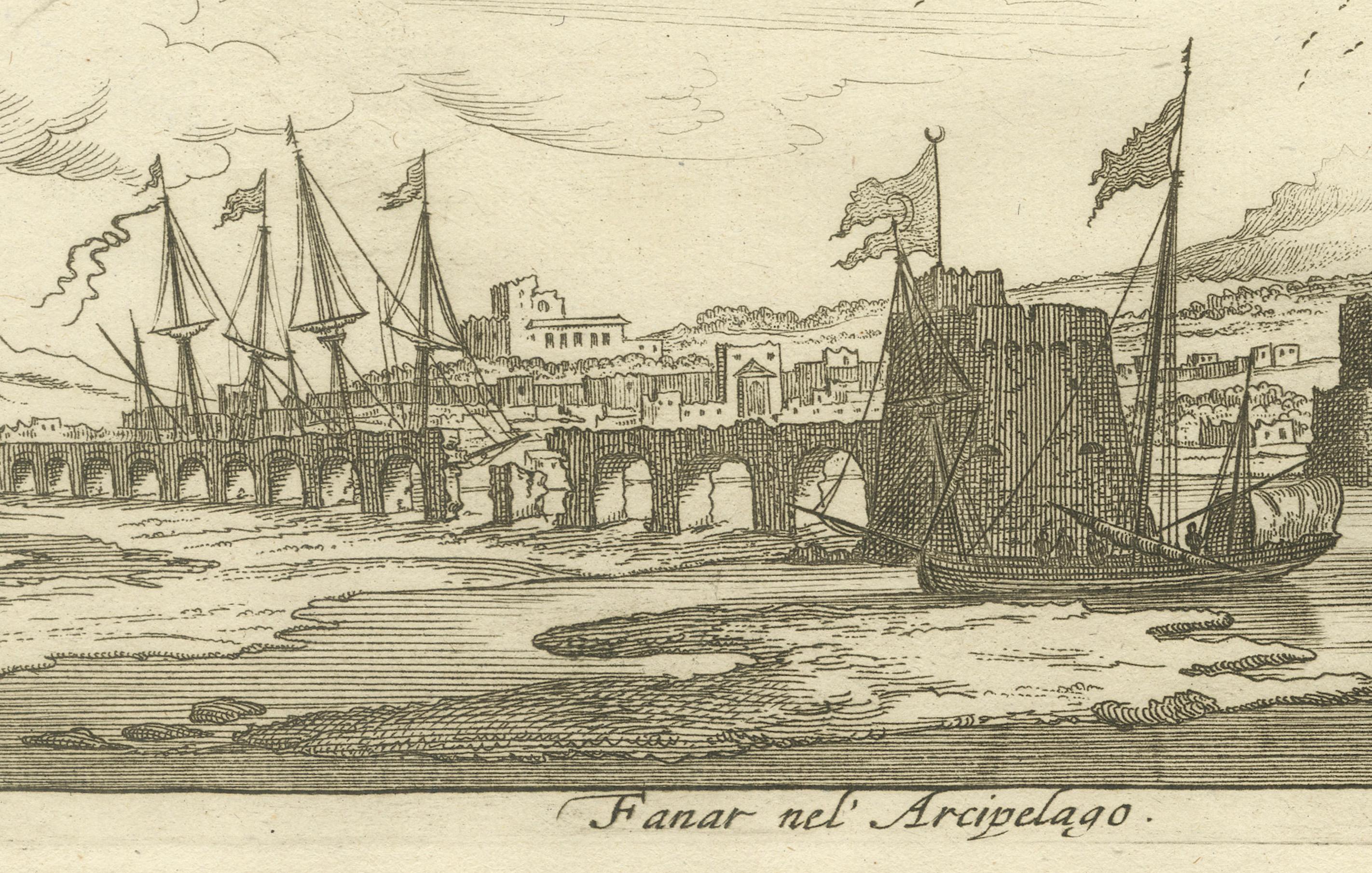 Ansicht von Fanar im Ägäischen Archipelago mit Brücke und Schiffen, um 1680 (Graviert) im Angebot