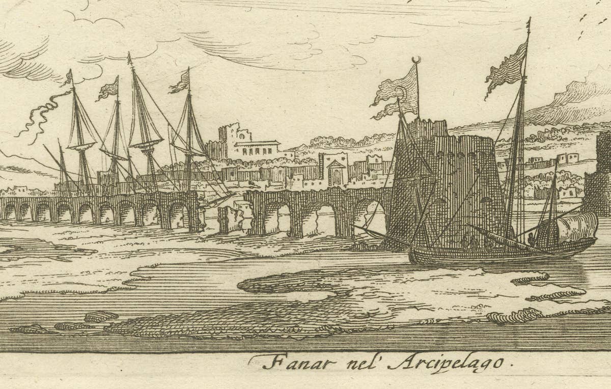 View of Fanar in the Aegean Archipelago with Bridge and Ships, ca. 1680