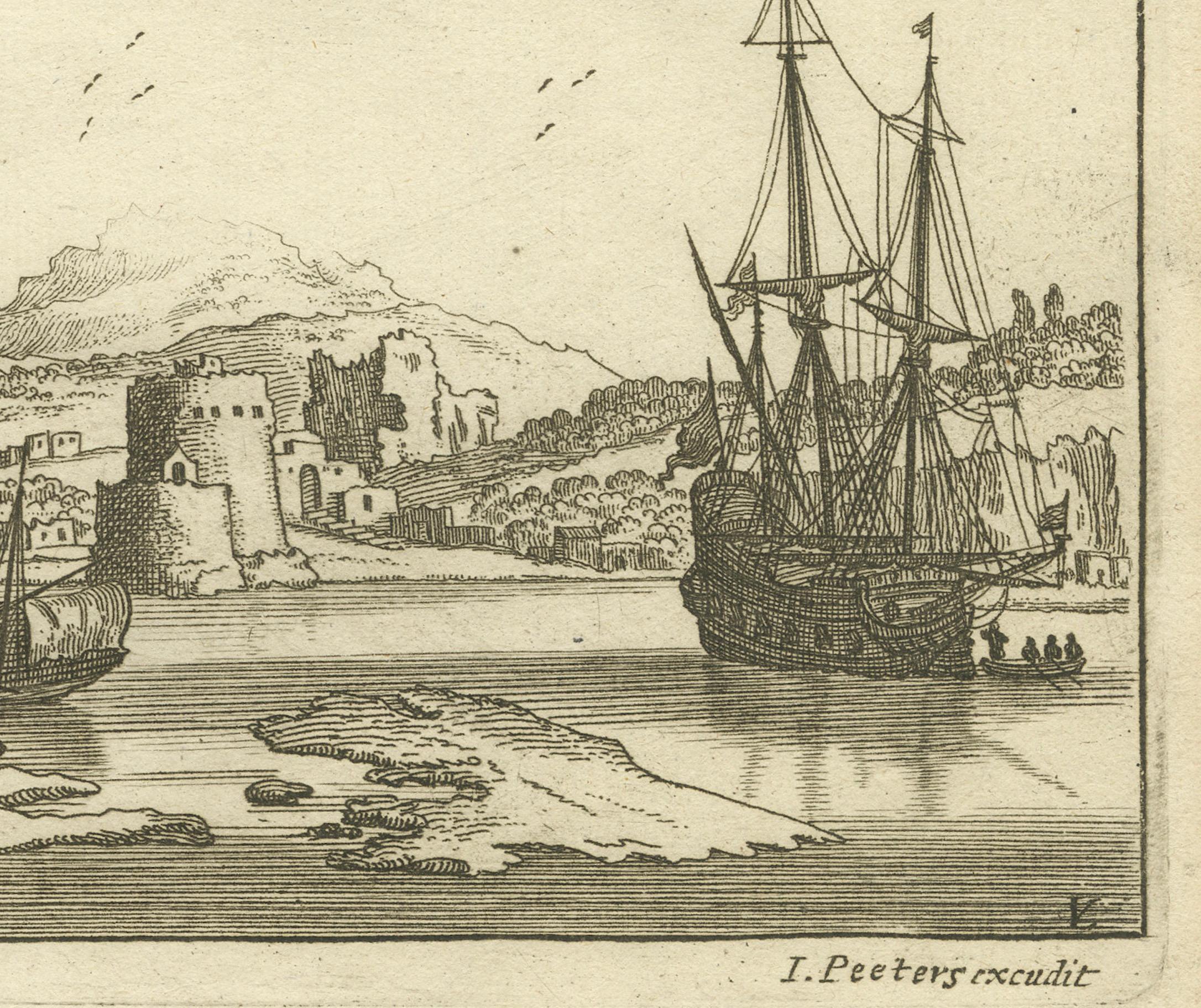 Ansicht von Fanar im Ägäischen Archipelago mit Brücke und Schiffen, um 1680 im Zustand „Gut“ im Angebot in Langweer, NL
