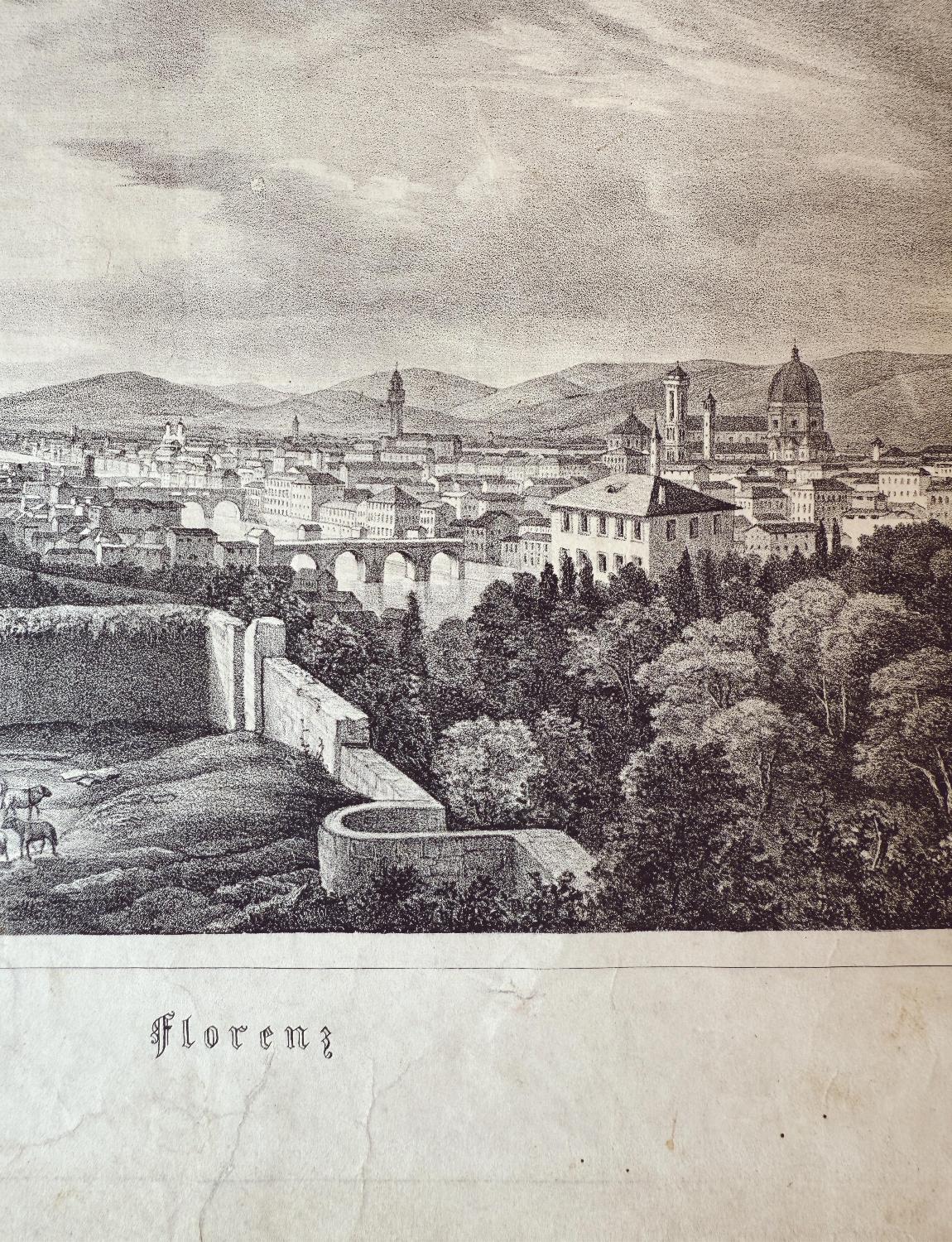 Paper View of Florence Acqua Forte Etching, Parchment Picture, 1850s For Sale