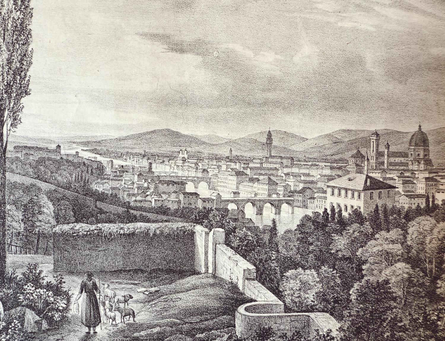 View of Florence Acqua Forte Etching, Parchment Picture, 1850s For Sale 2