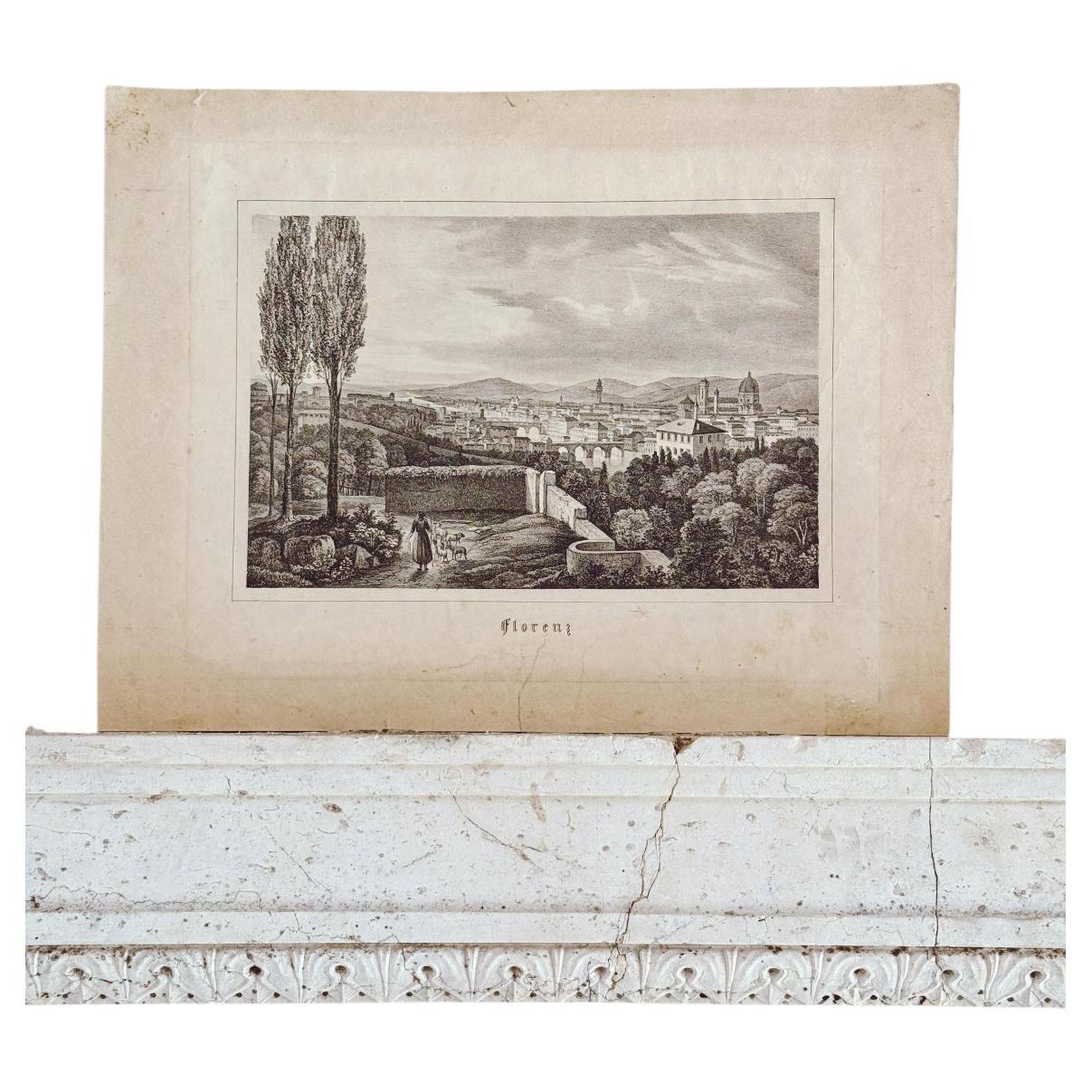 View of Florence Acqua Forte Etching, Parchment Picture, 1850s For Sale