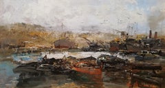 View of Harbor, Ezelino Briante Italian Painting 20 Century Marine Oil on Wood