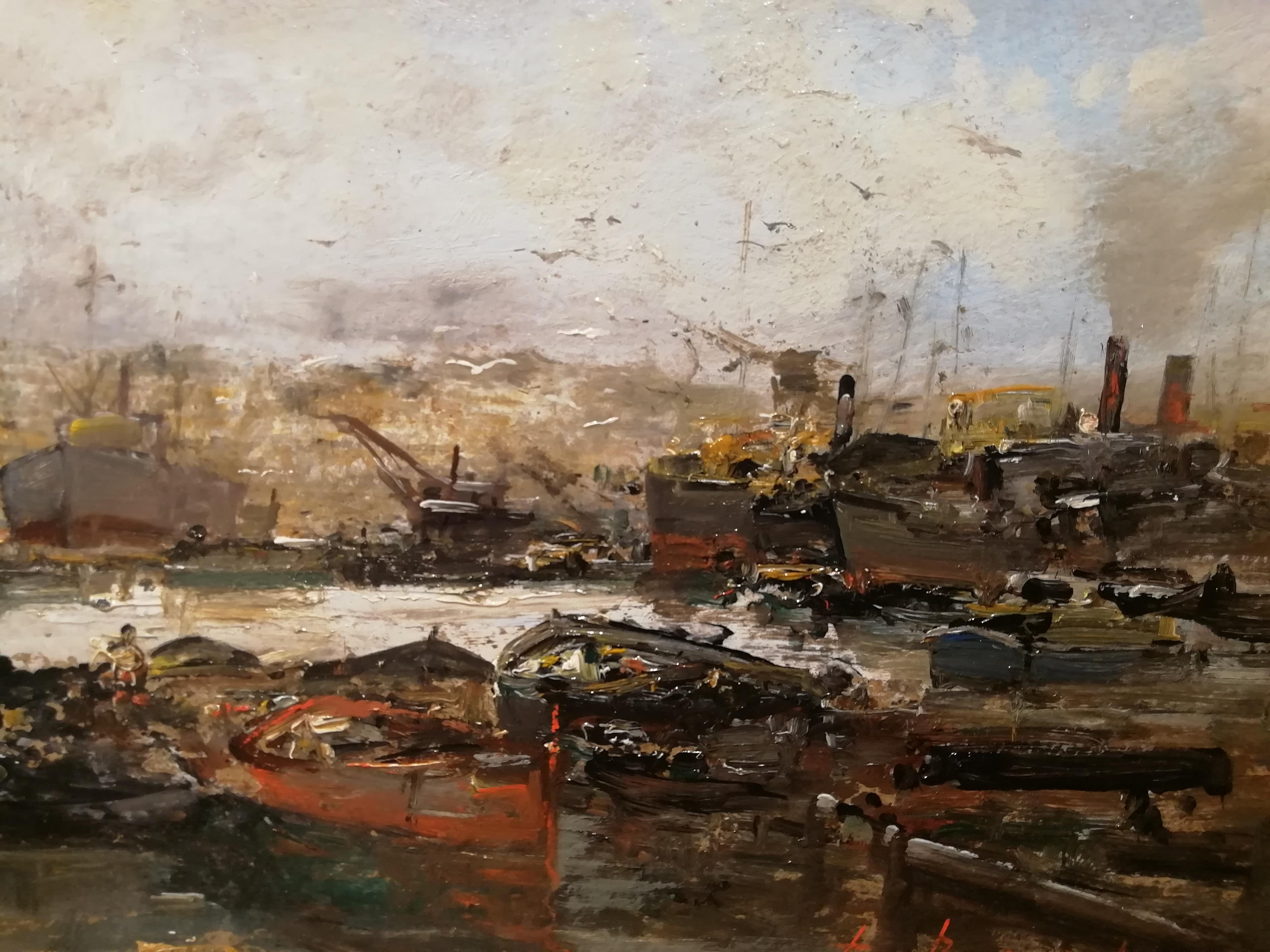 Oiled View of Harbor, Ezelino Briante Italian Painting 20 Century Marine Oil on Wood For Sale