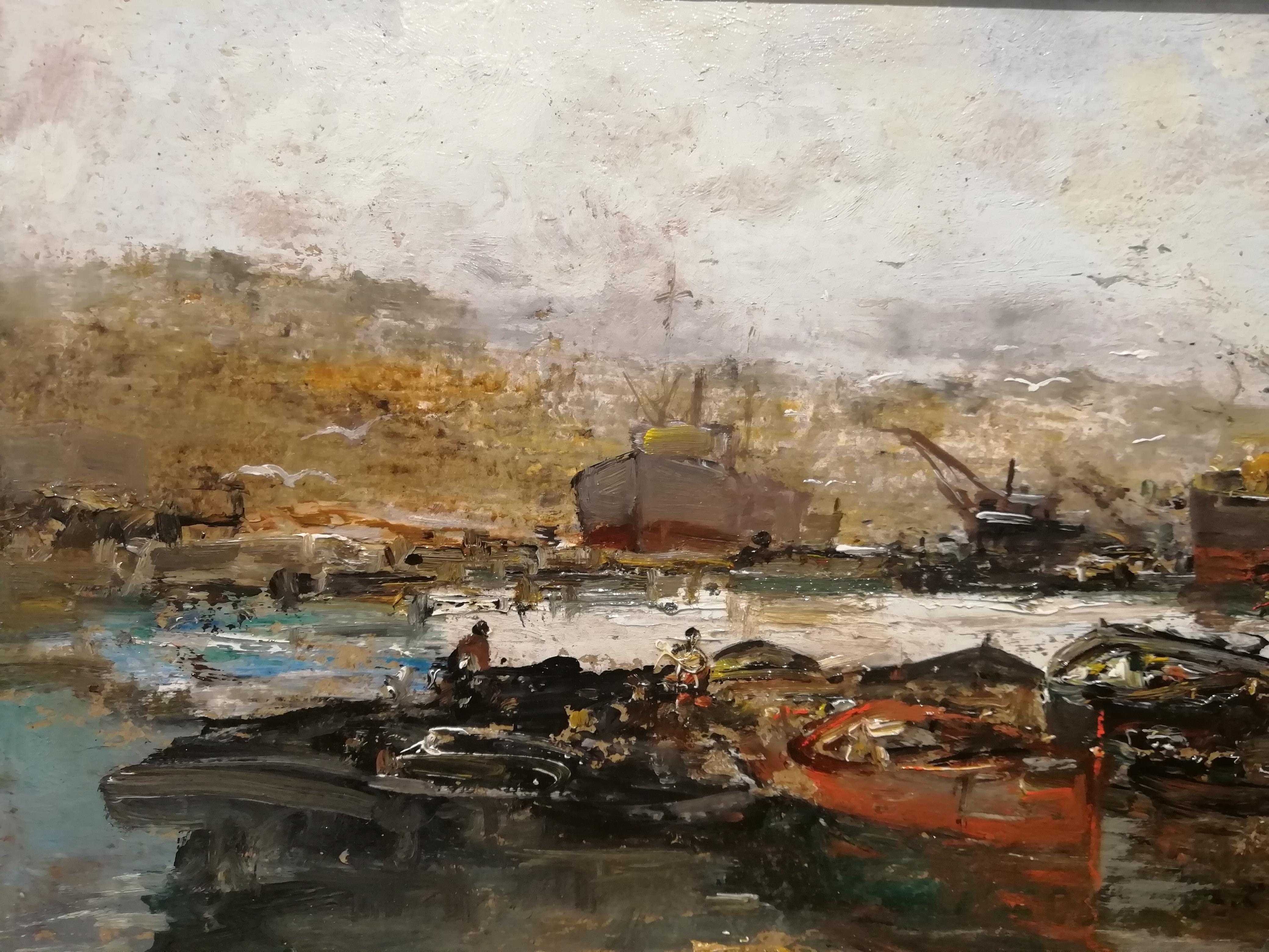 View of Harbor, Ezelino Briante Italian Painting 20 Century Marine Oil on Wood In Good Condition For Sale In Rome, Italy