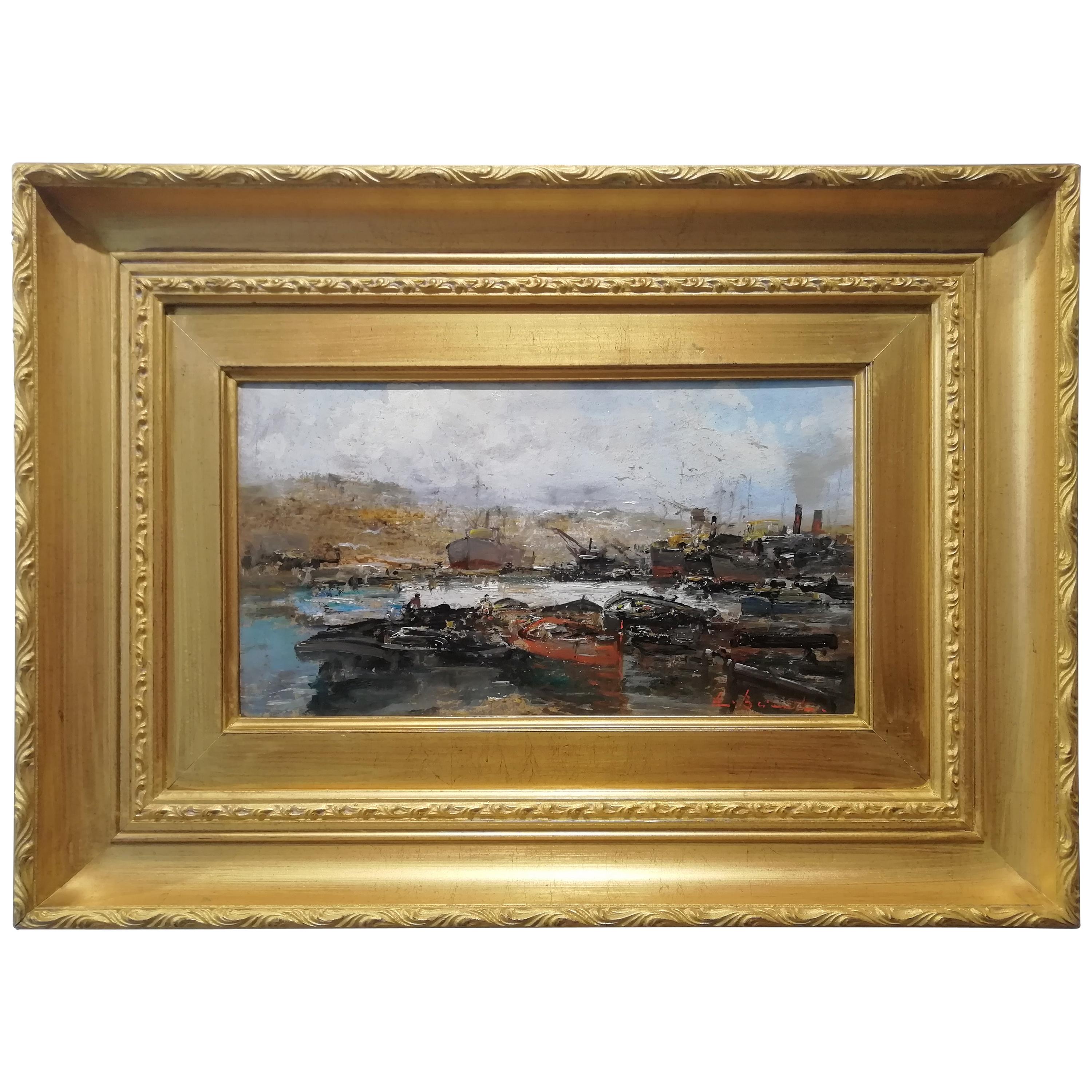 View of Harbor, Ezelino Briante Italian Painting 20 Century Marine Oil on Wood For Sale