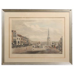 Vue de la High Street à Birmingham, lithographie encadrée des années 1810 signée T. Hollins