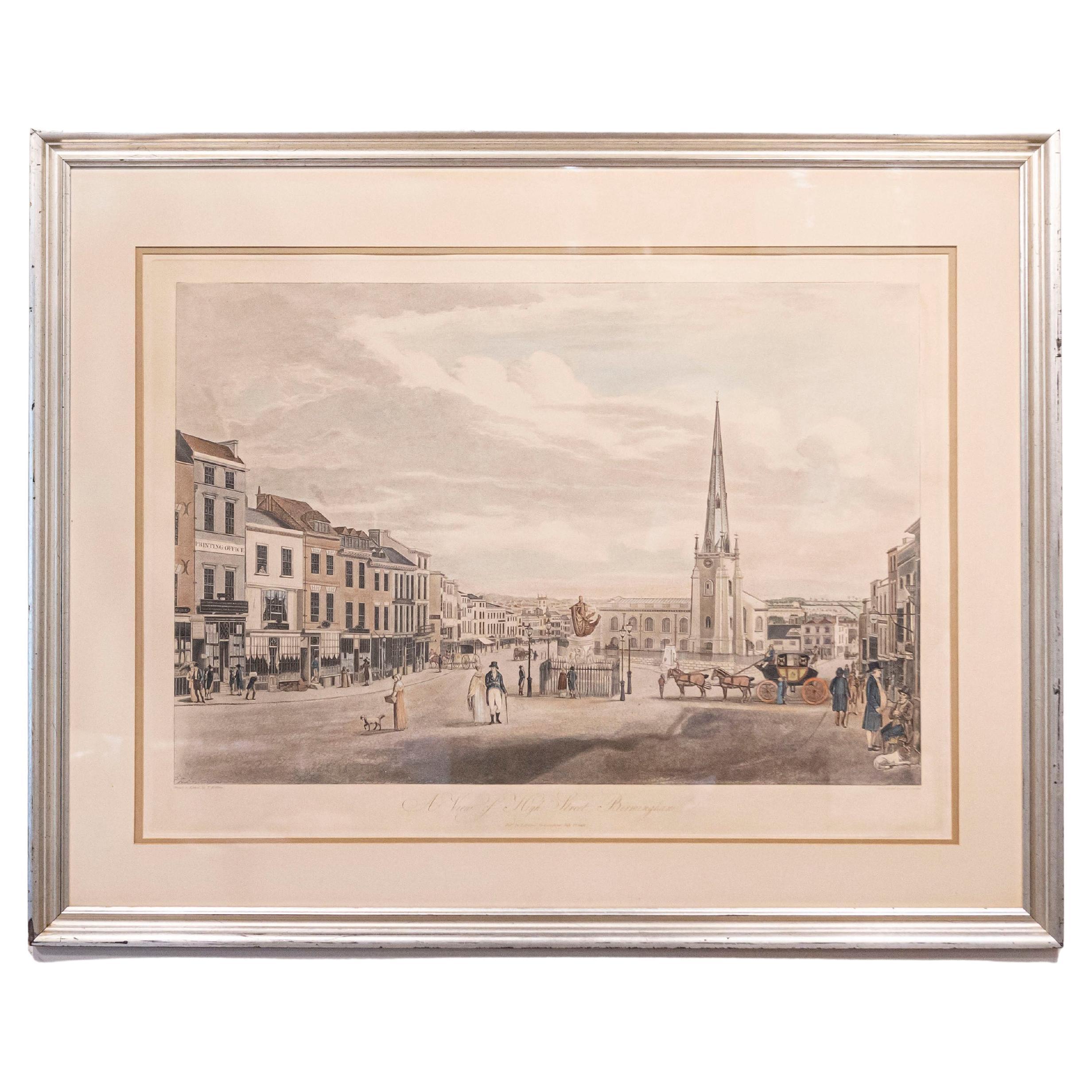 View of High Street Birmingham, 1810s Framed Lithograph Signed T. Hollins