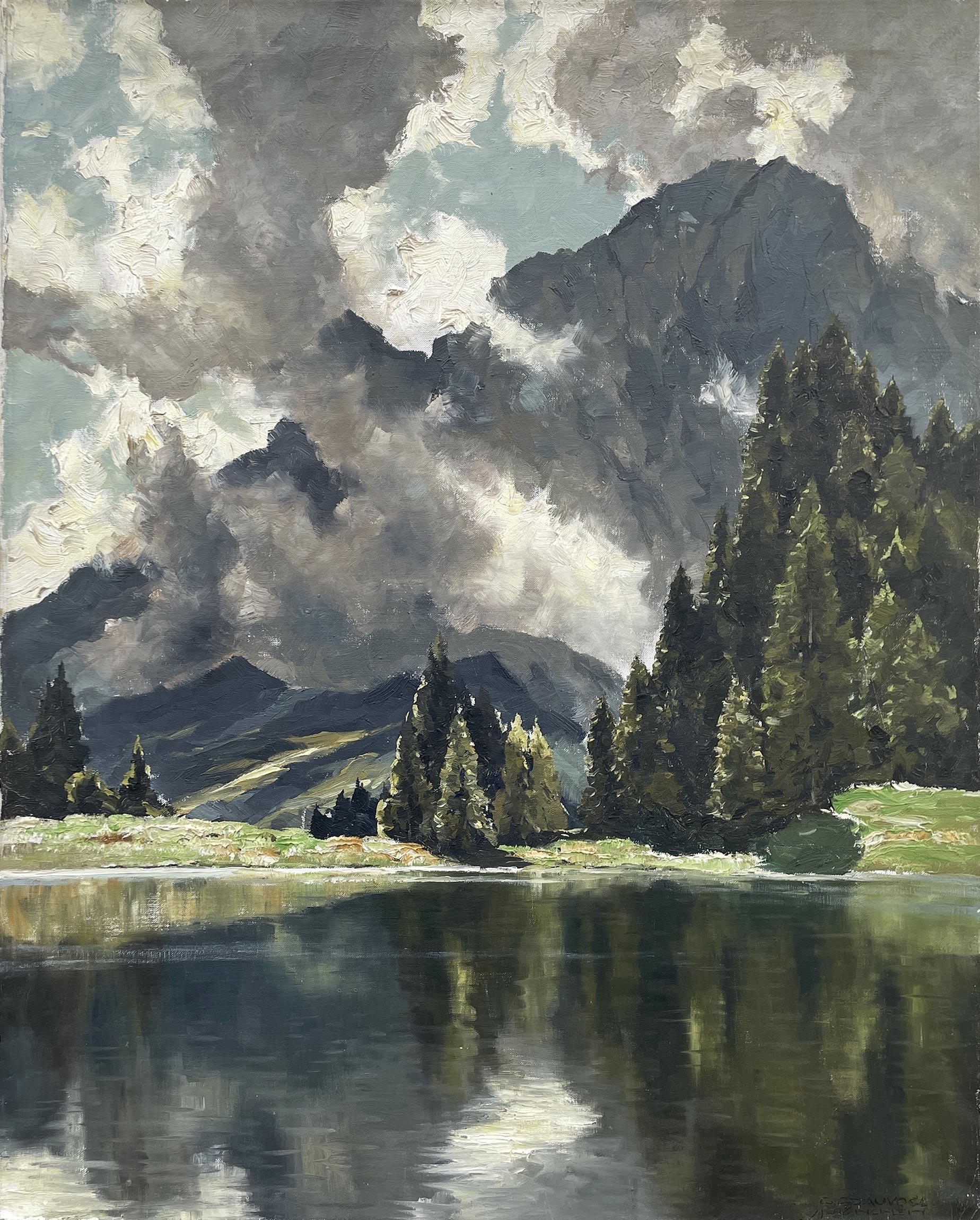 Lake Limides and Tofane – Georg Grauvogl (1896 – 1986)

100 x 80 cm without frame
104 x 84 cm with antique fir frame
oil painting on canvas
1930s

The suggestive Lake Limides on a summer day. Immersive painting full of contrasts, in the typical