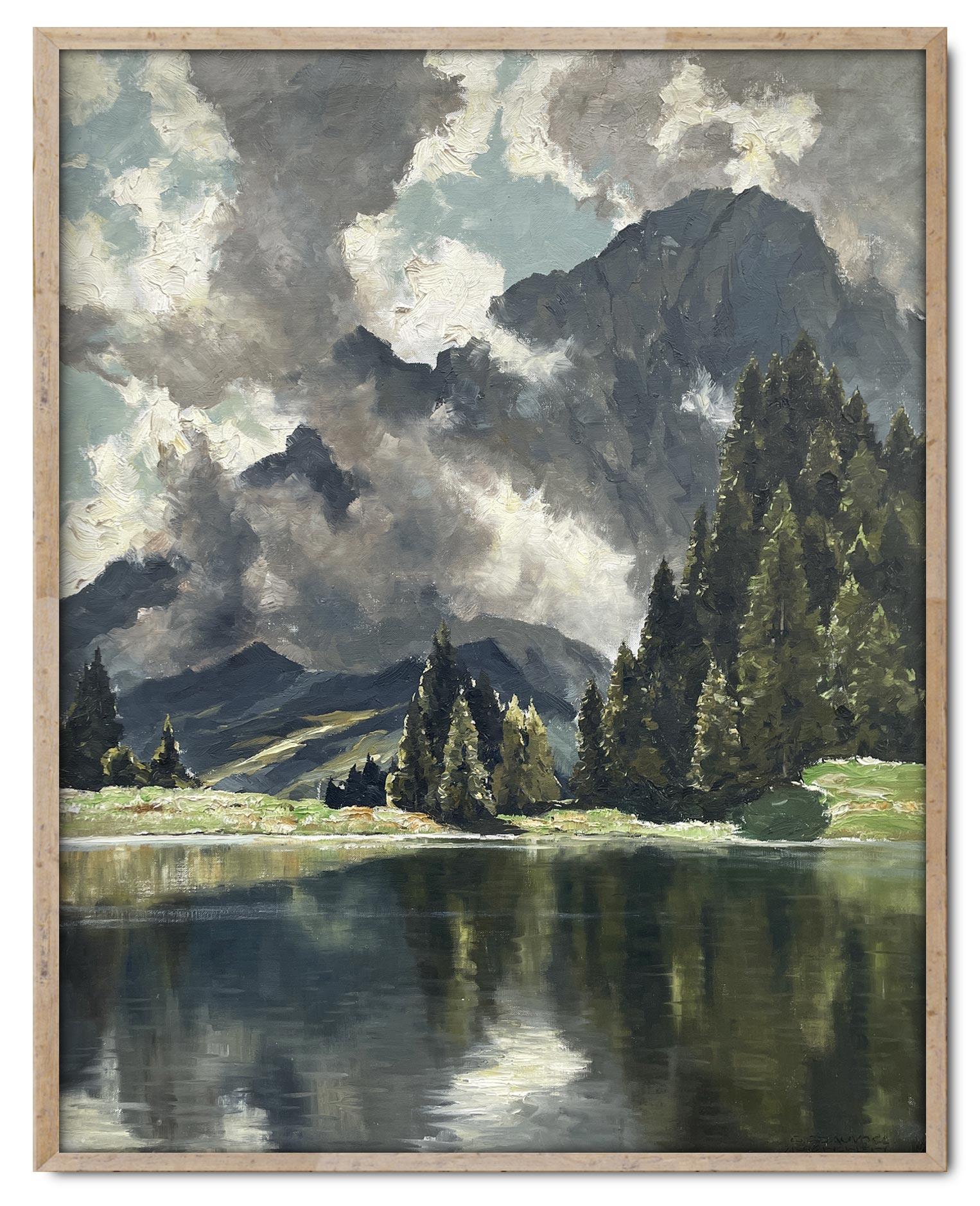 Art Deco View of Lake Limides Italian Dolomites Oil on Canvas by Georg Grauvogl 