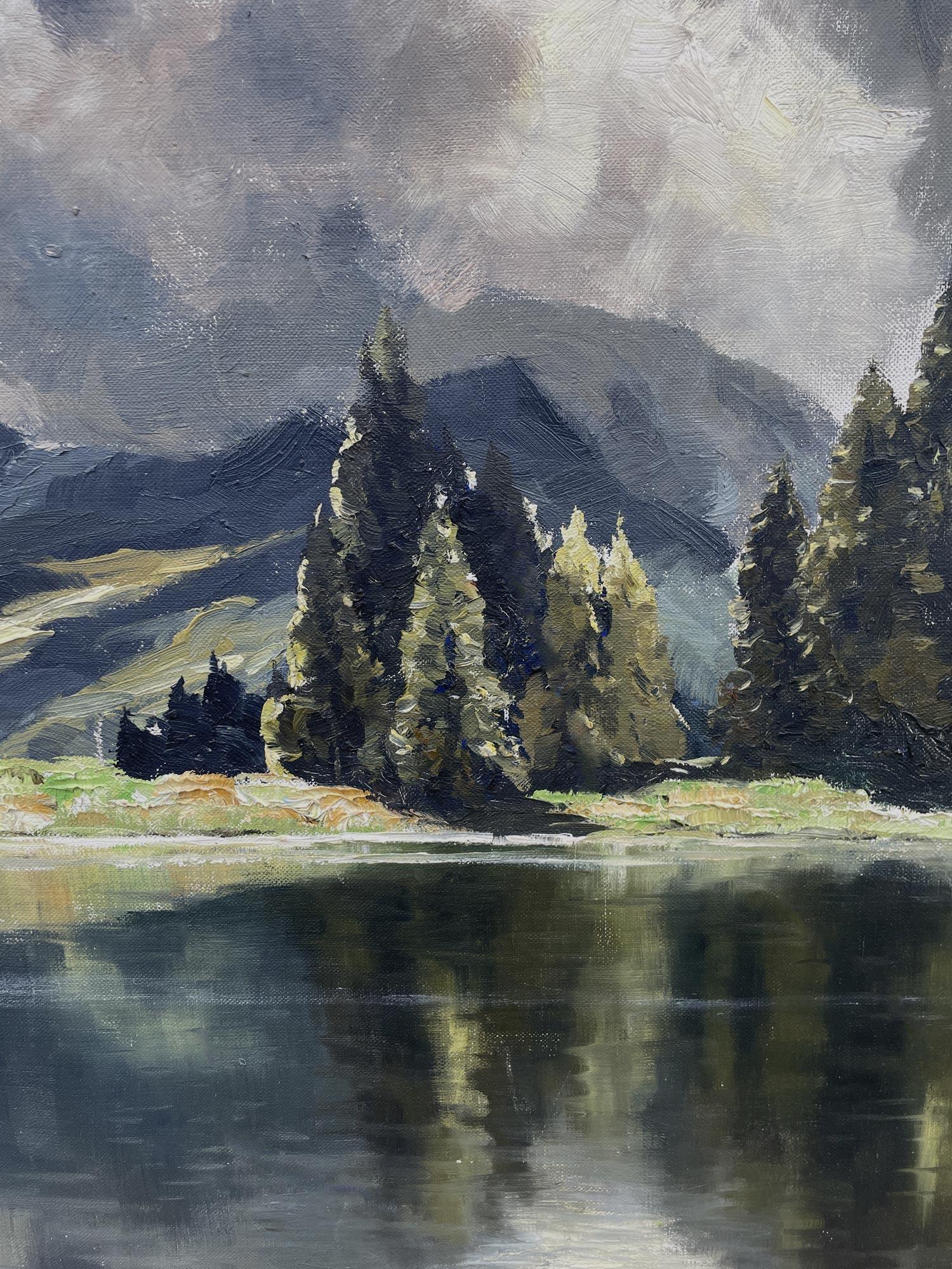 View of Lake Limides Italian Dolomites Oil on Canvas by Georg Grauvogl  In Good Condition For Sale In Albignasego, IT