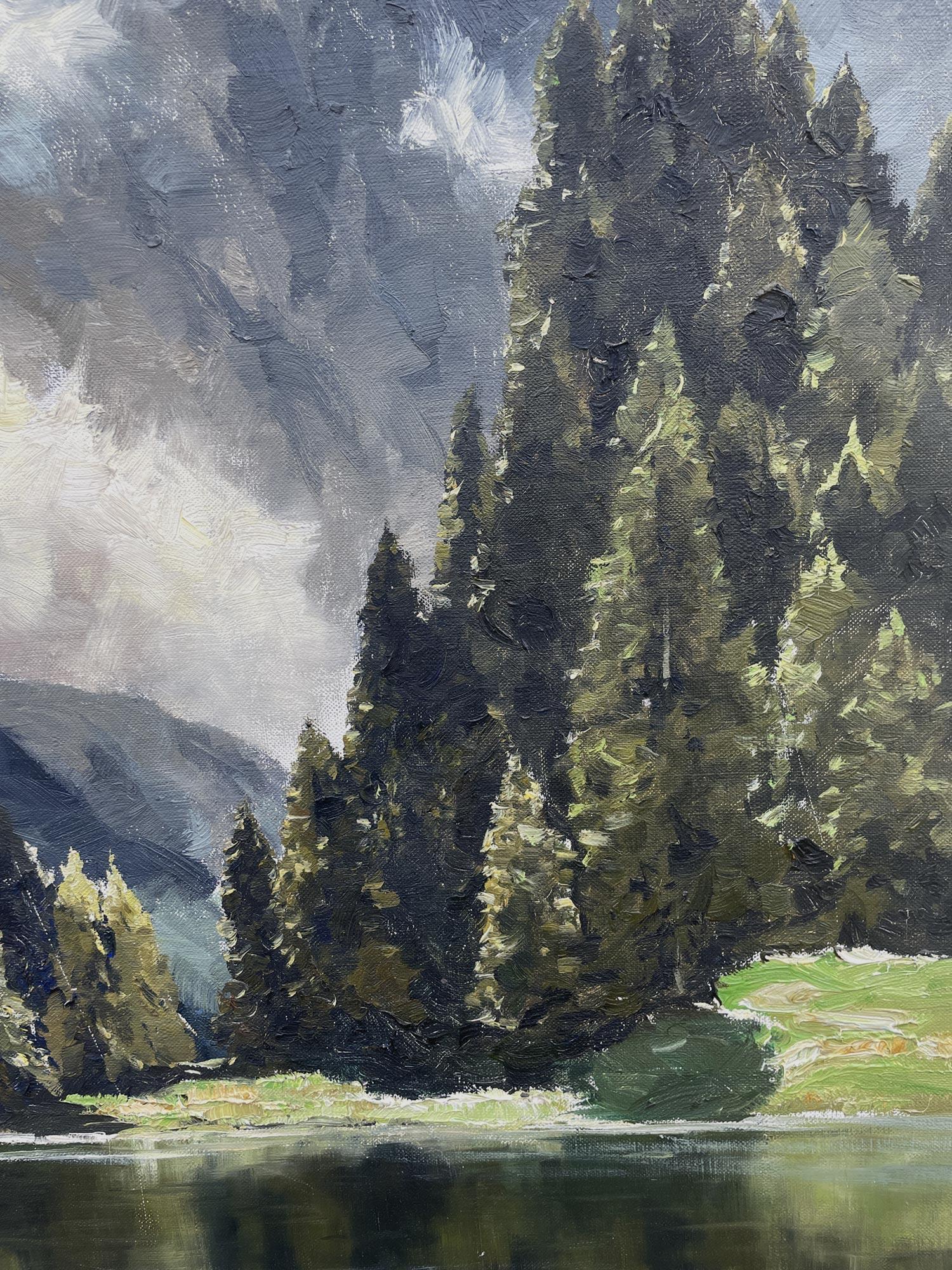 View of Lake Limides, Italienische Dolomiten, Öl auf Leinwand von Georg Grauvogl  im Angebot 3