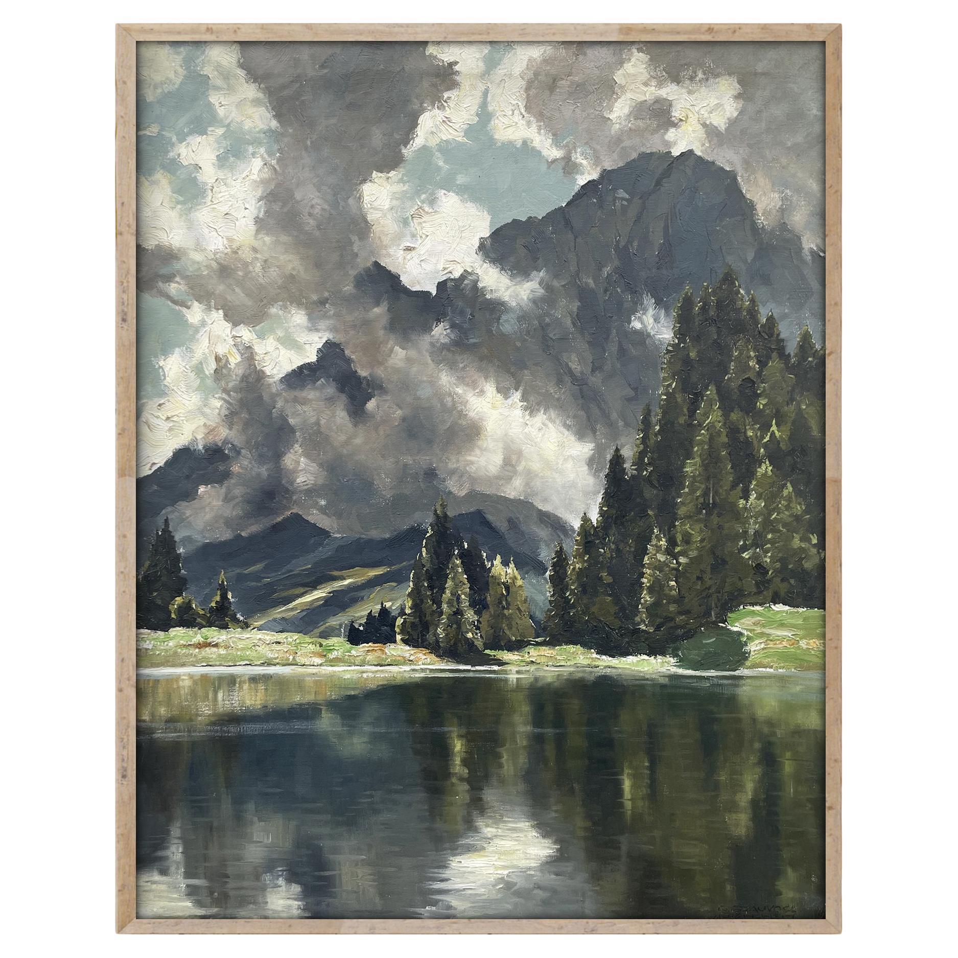 View of Lake Limides Italian Dolomites Oil on Canvas by Georg Grauvogl  For Sale