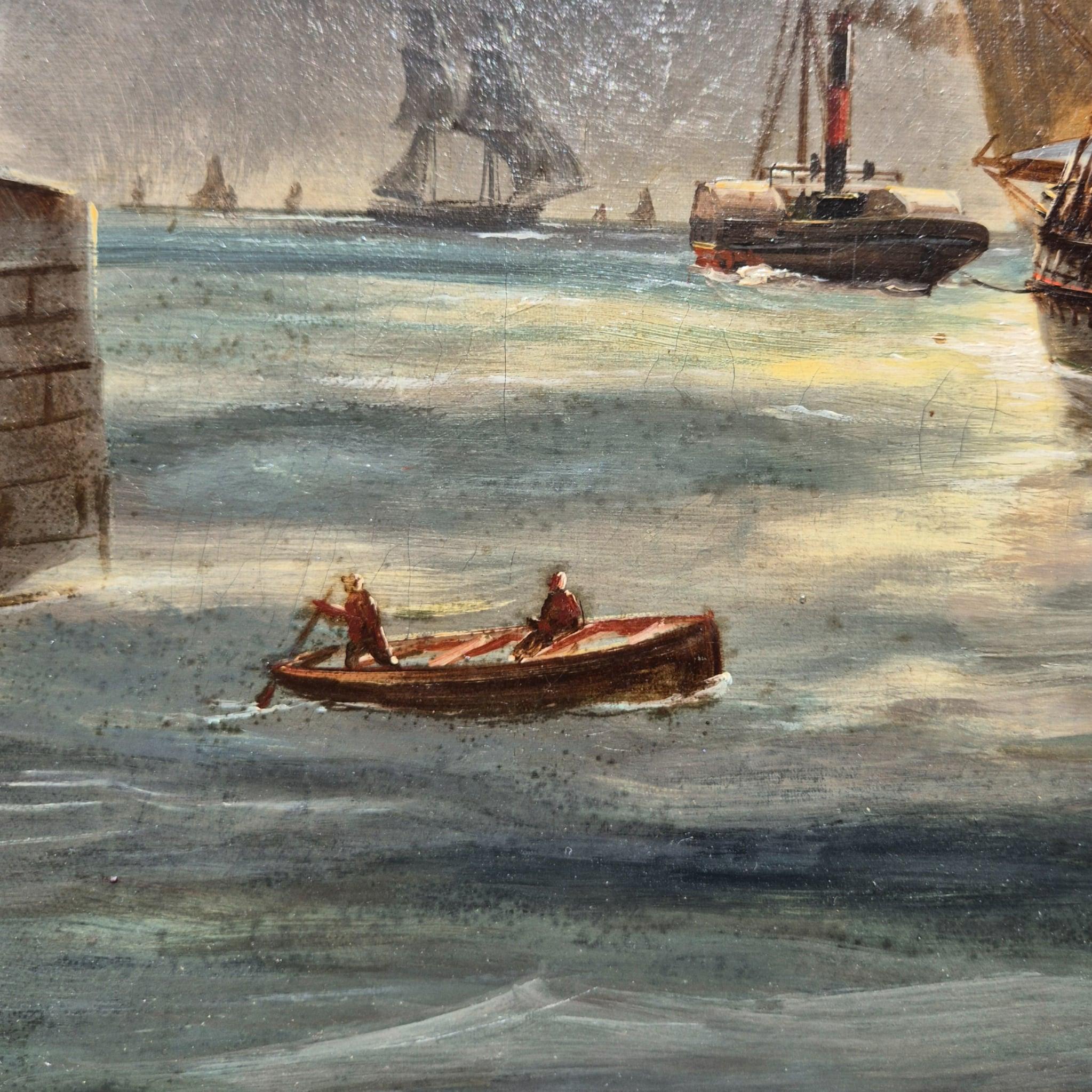 Ansicht von Le Havre, Frankreich, Öl auf Leinwand Marinegemälde, signiert Ed. Adams, 1904 im Angebot 4