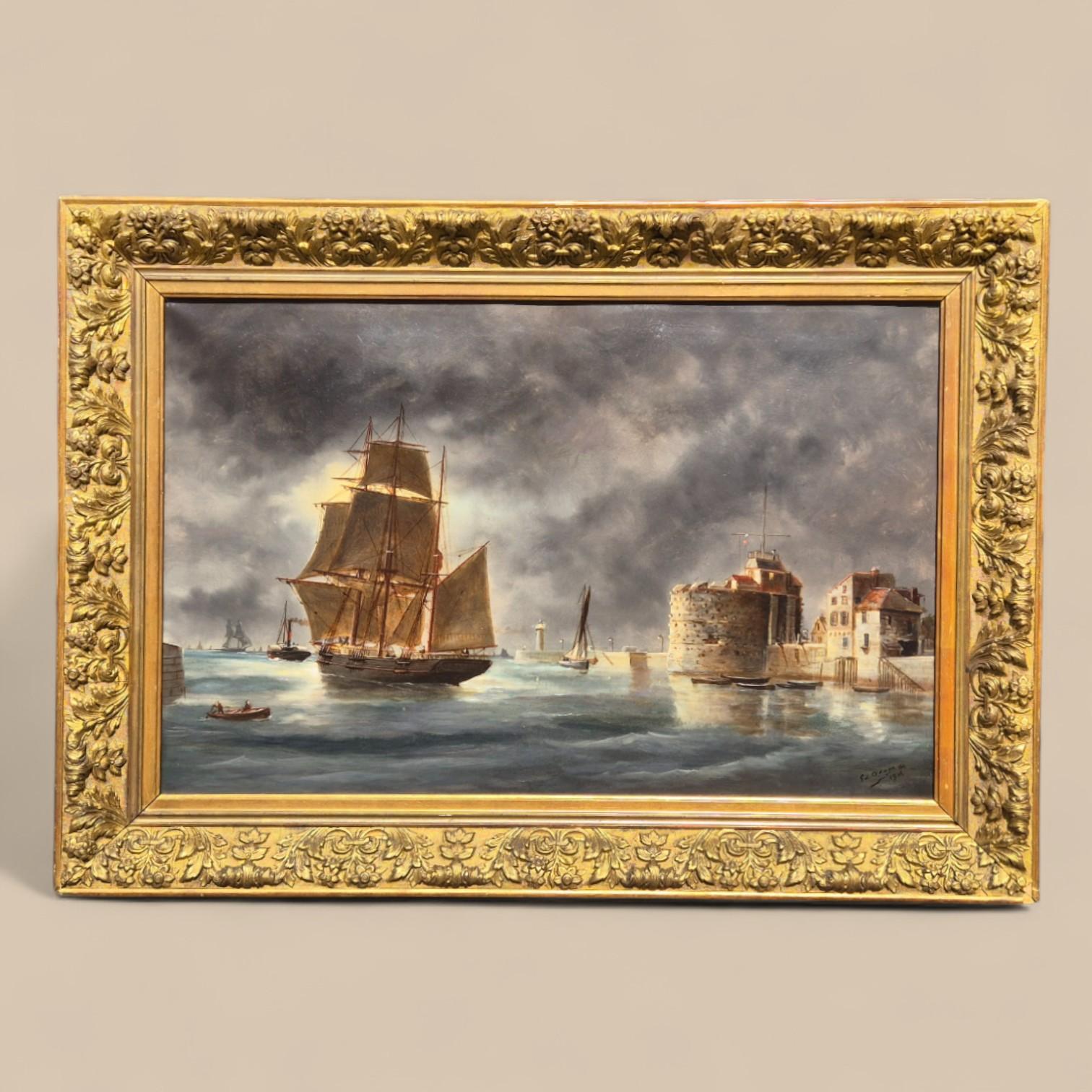 Seltenes und sehr begehrtes französisches Marinegemälde, Öl auf Leinwand, signiert Ed. Adam und datiert 1904, von dem berühmten maritimen Künstler Édouard Adam (1847-1929).

Édouard Adam war einer der bedeutendsten französischen Maler von Schiffen