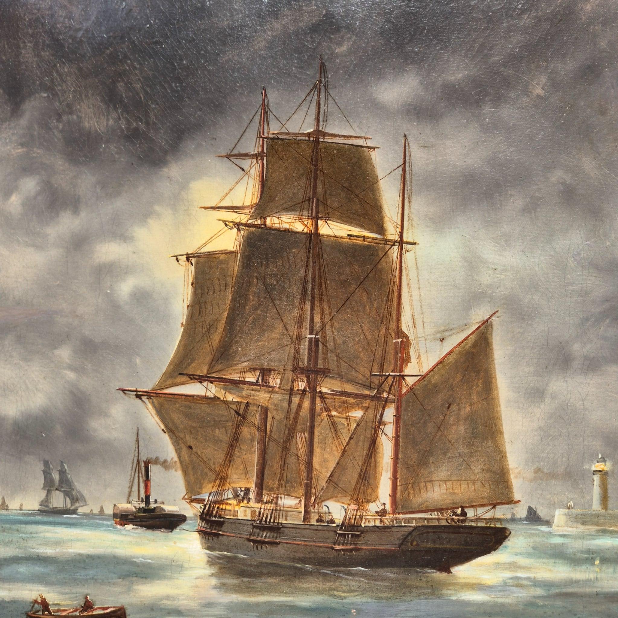 Seltenes und sehr begehrtes französisches Marinegemälde, Öl auf Leinwand, signiert Ed. Adam und datiert 1904, von dem berühmten maritimen Künstler Édouard Adam (1847-1929).

Édouard Adam war einer der bedeutendsten französischen Maler von Schiffen