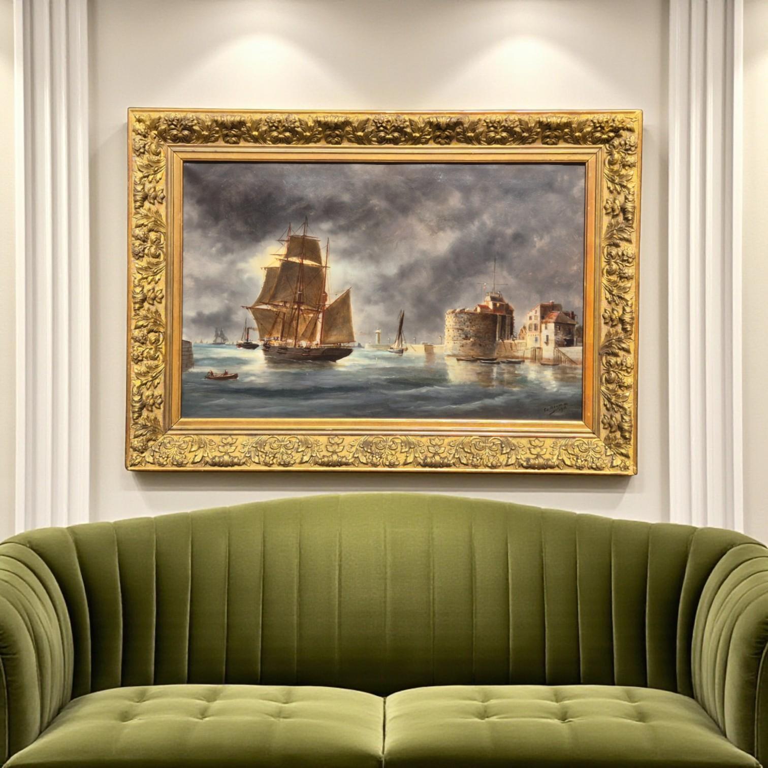 Ansicht von Le Havre, Frankreich, Öl auf Leinwand Marinegemälde, signiert Ed. Adams, 1904 (Geölt) im Angebot