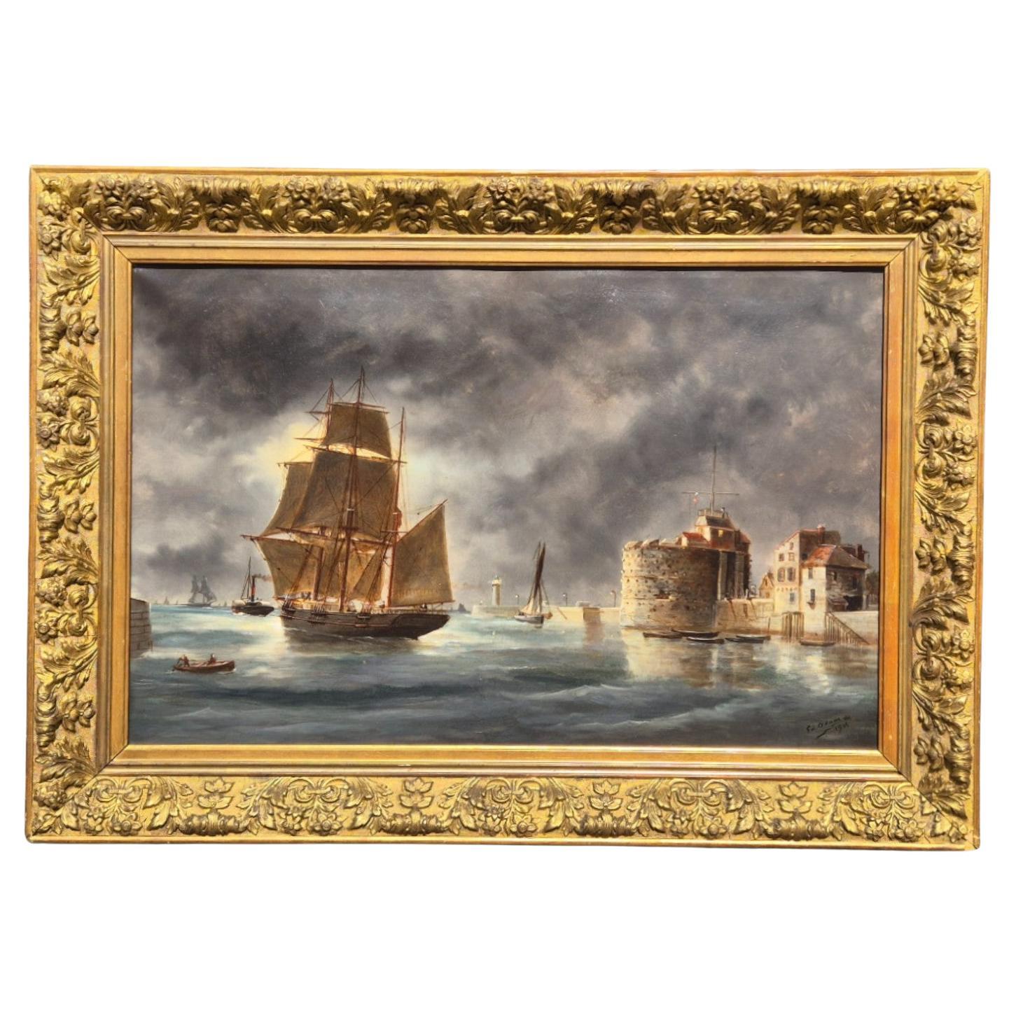 Ansicht von Le Havre, Frankreich, Öl auf Leinwand Marinegemälde, signiert Ed. Adams, 1904 im Angebot