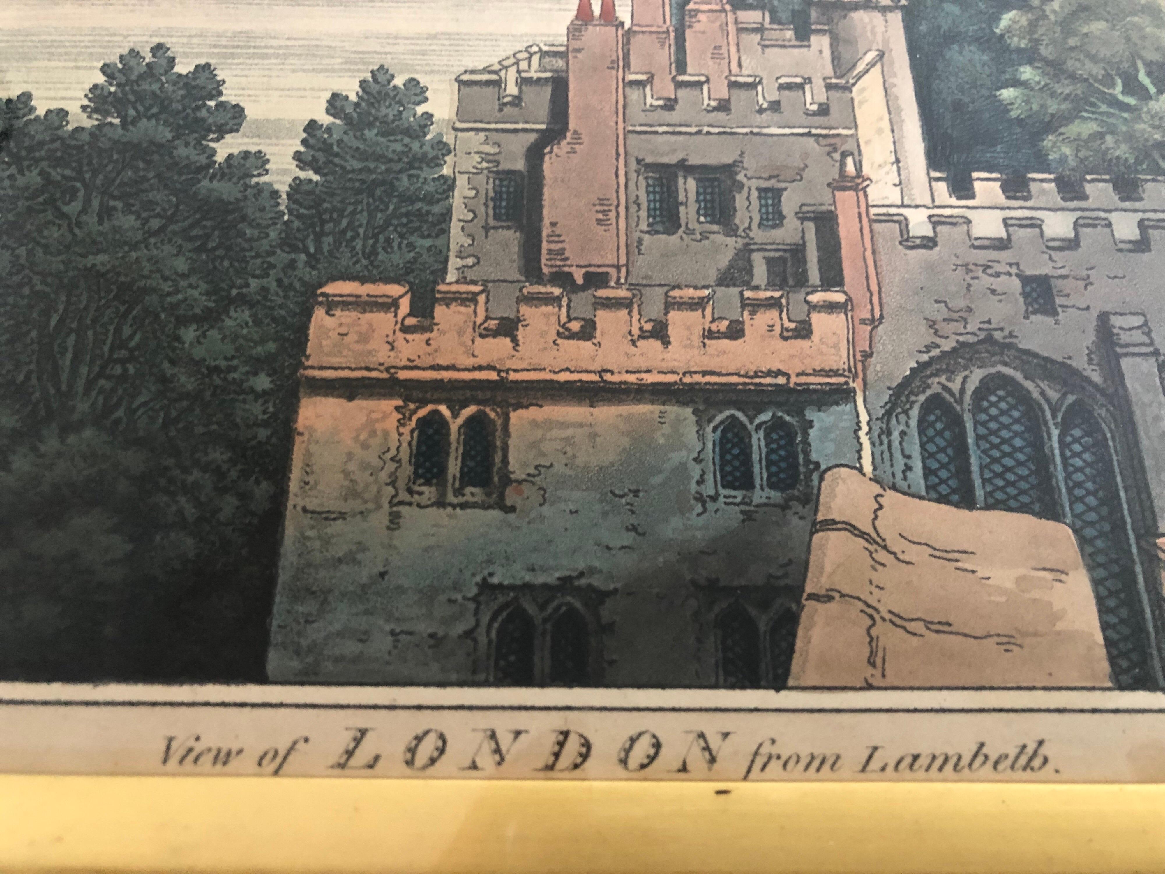 View over Lambeth Palace to river with ships at left, bridge beyond, Westminster Cathedral at left and St Paul's in the distance at right, the spires of London over the buildings between. 1795 hand-coloured aquatin.

Editorial: Pub. By J & J