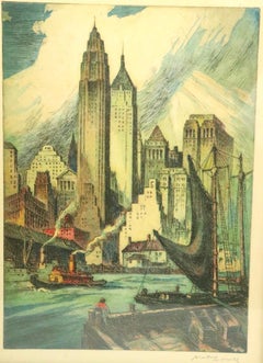 View of Manhattan from Brooklyn Vintage Nat Lowell Dry Point Etching