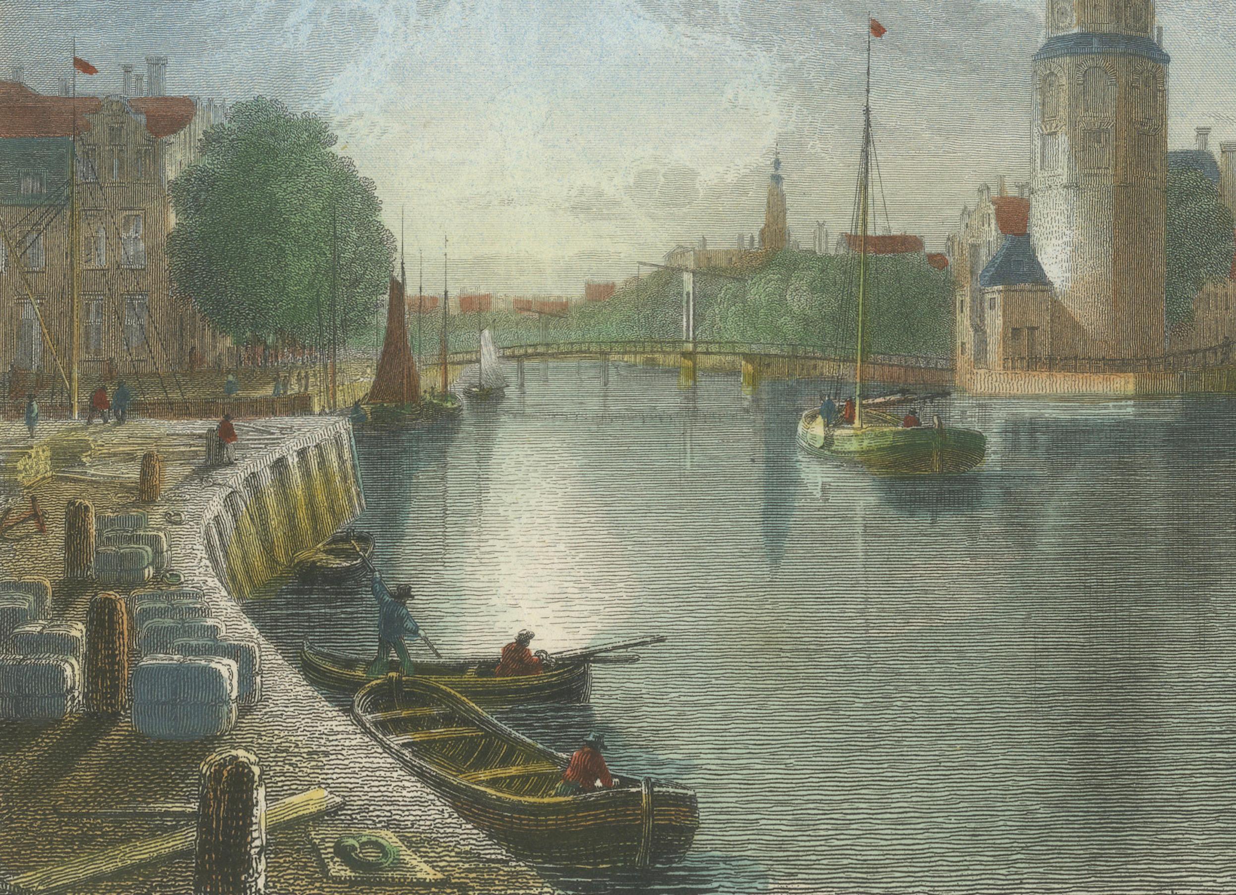 Ansicht von Montelbaanstoren, Amsterdam, handkoloriertes Stahlgravur 1825

Dieser detailreiche, handkolorierte Stahlstich mit dem Titel *Montalban's Tower, Amsterdam* zeigt eine elegante Ansicht eines der ikonischsten Bauwerke der niederländischen