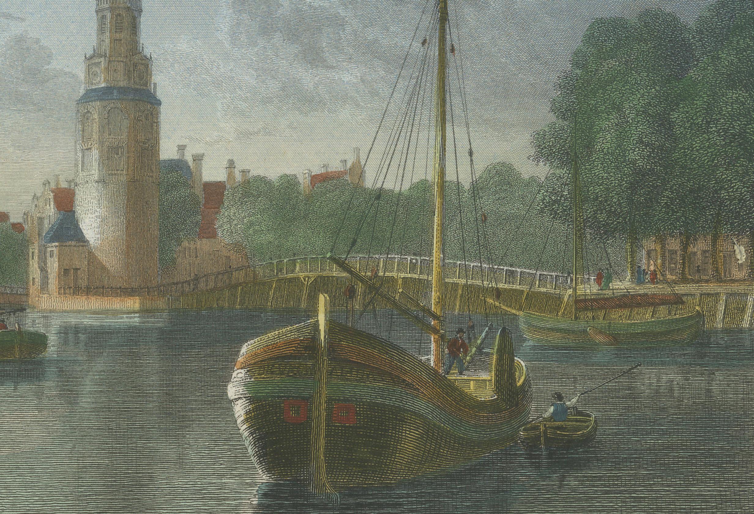 Ansicht von Montelbaanstoren, Amsterdam, handkoloriertes Stahlgravur 1825 im Zustand „Gut“ im Angebot in Langweer, NL