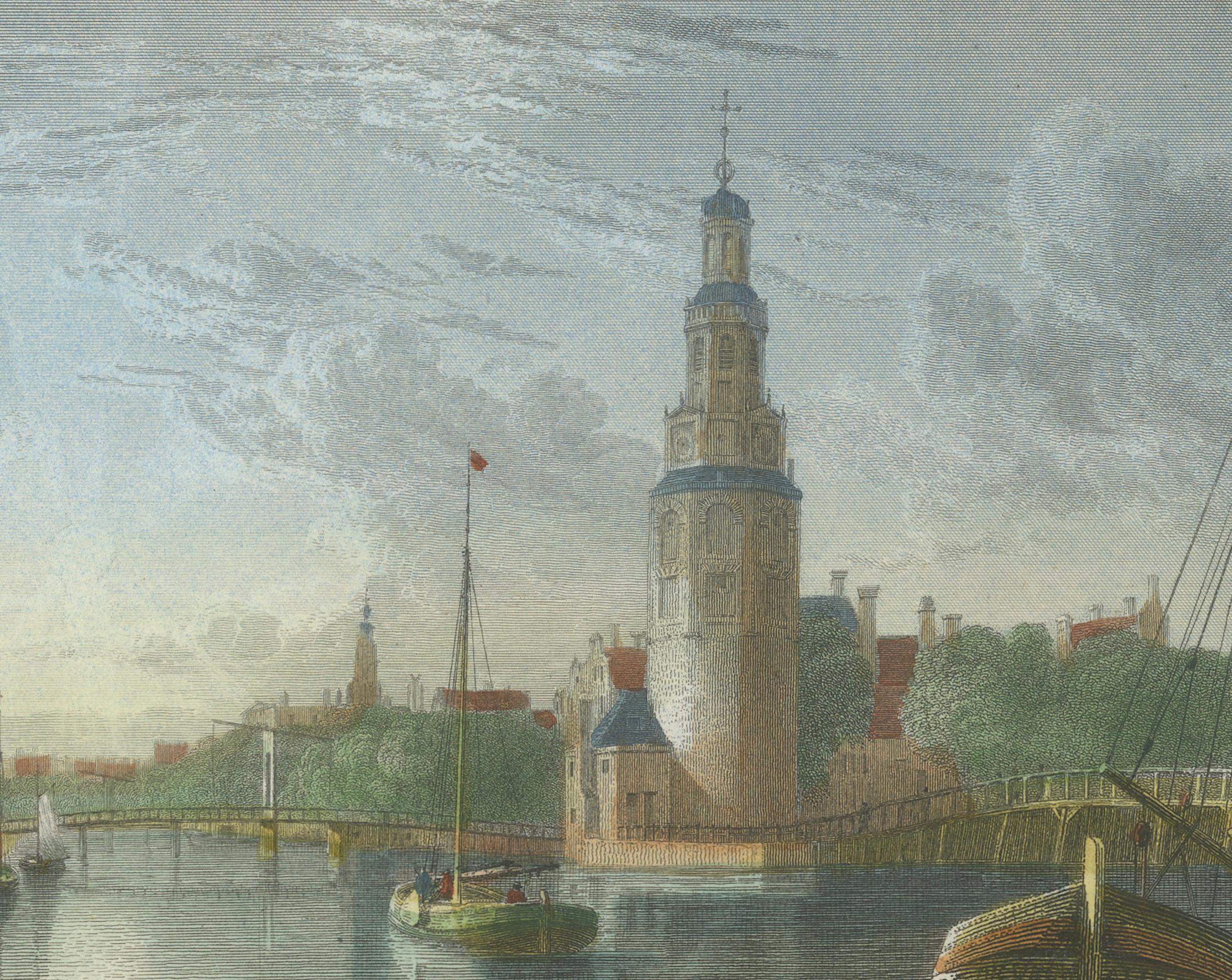 Ansicht von Montelbaanstoren, Amsterdam, handkoloriertes Stahlgravur 1825 (19. Jahrhundert) im Angebot