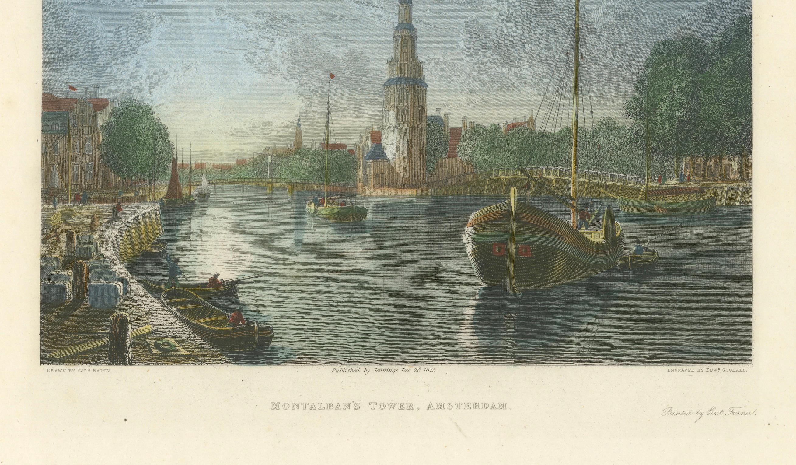 Ansicht von Montelbaanstoren, Amsterdam, handkoloriertes Stahlgravur 1825 (Papier) im Angebot