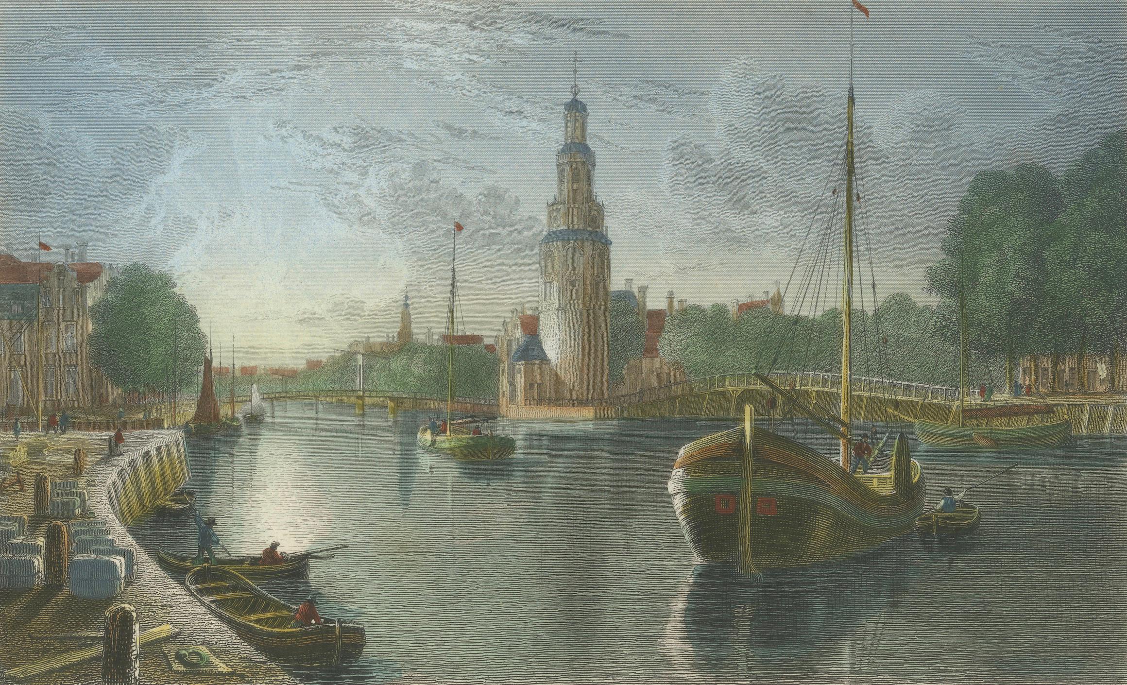 Ansicht von Montelbaanstoren, Amsterdam, handkoloriertes Stahlgravur 1825 im Angebot 1