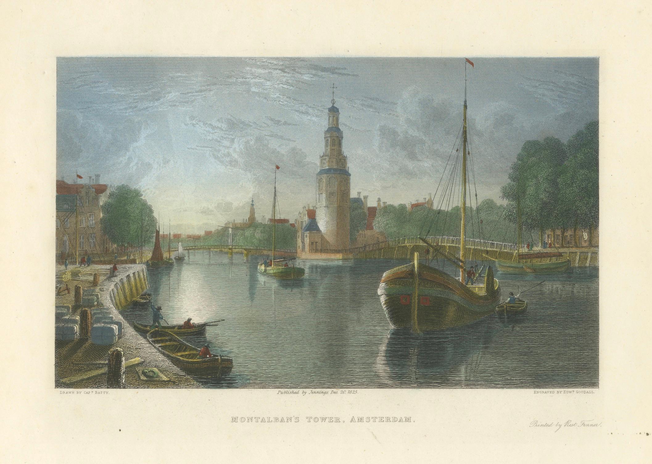 Ansicht von Montelbaanstoren, Amsterdam, handkoloriertes Stahlgravur 1825 im Angebot 2