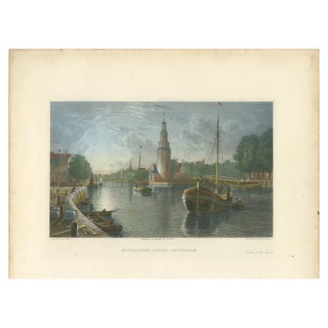 View of Montelbaanstoren, Amsterdam, Hand-Colored Steel Engraving 1825