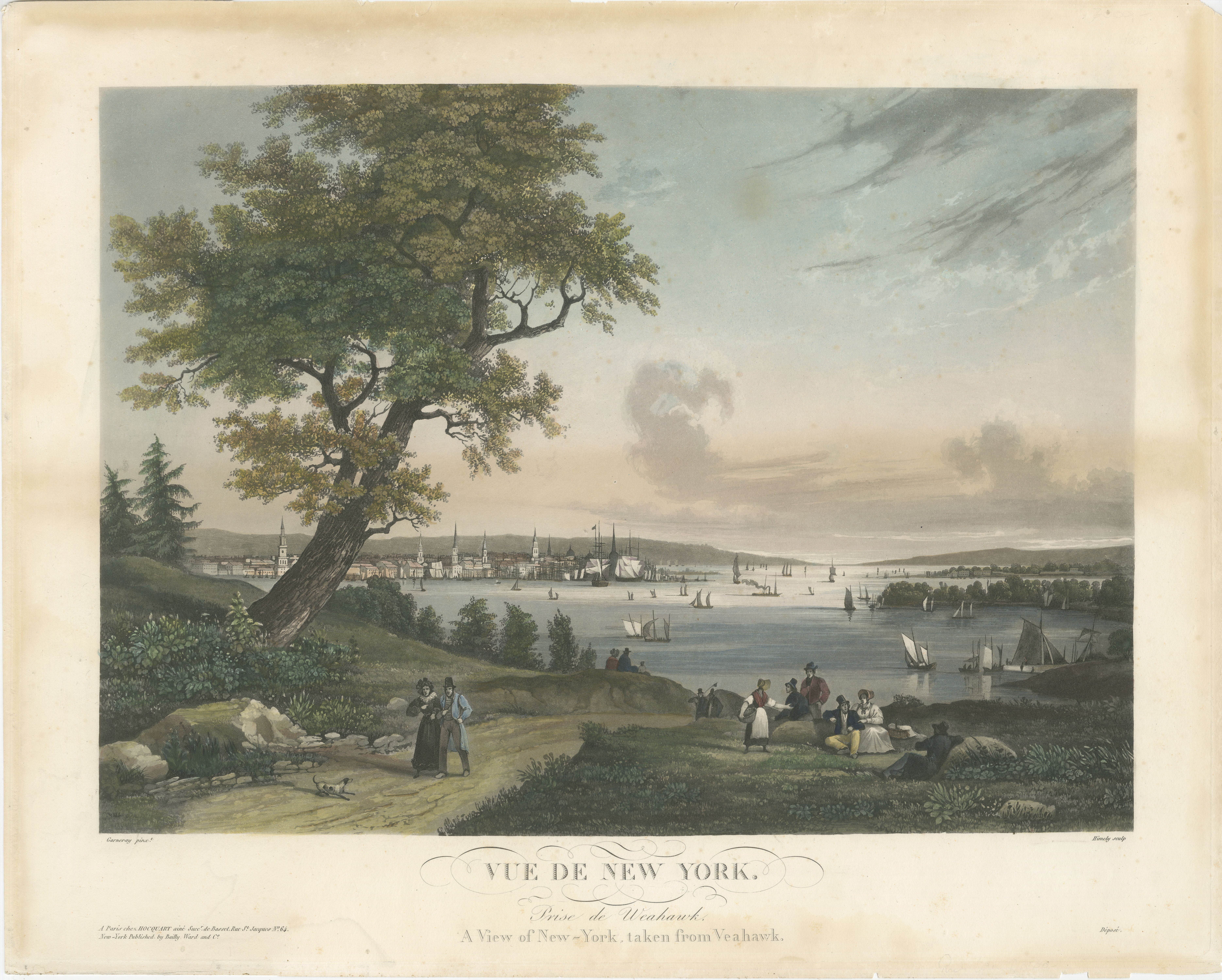 Titel: Blick auf New York City von Weehawken aus, seltener handkolorierter Aquatinta-Druck von 1834

Beschreibung: Diese exquisite handkolorierte Aquatinta und Gravur, mit dem Titel 