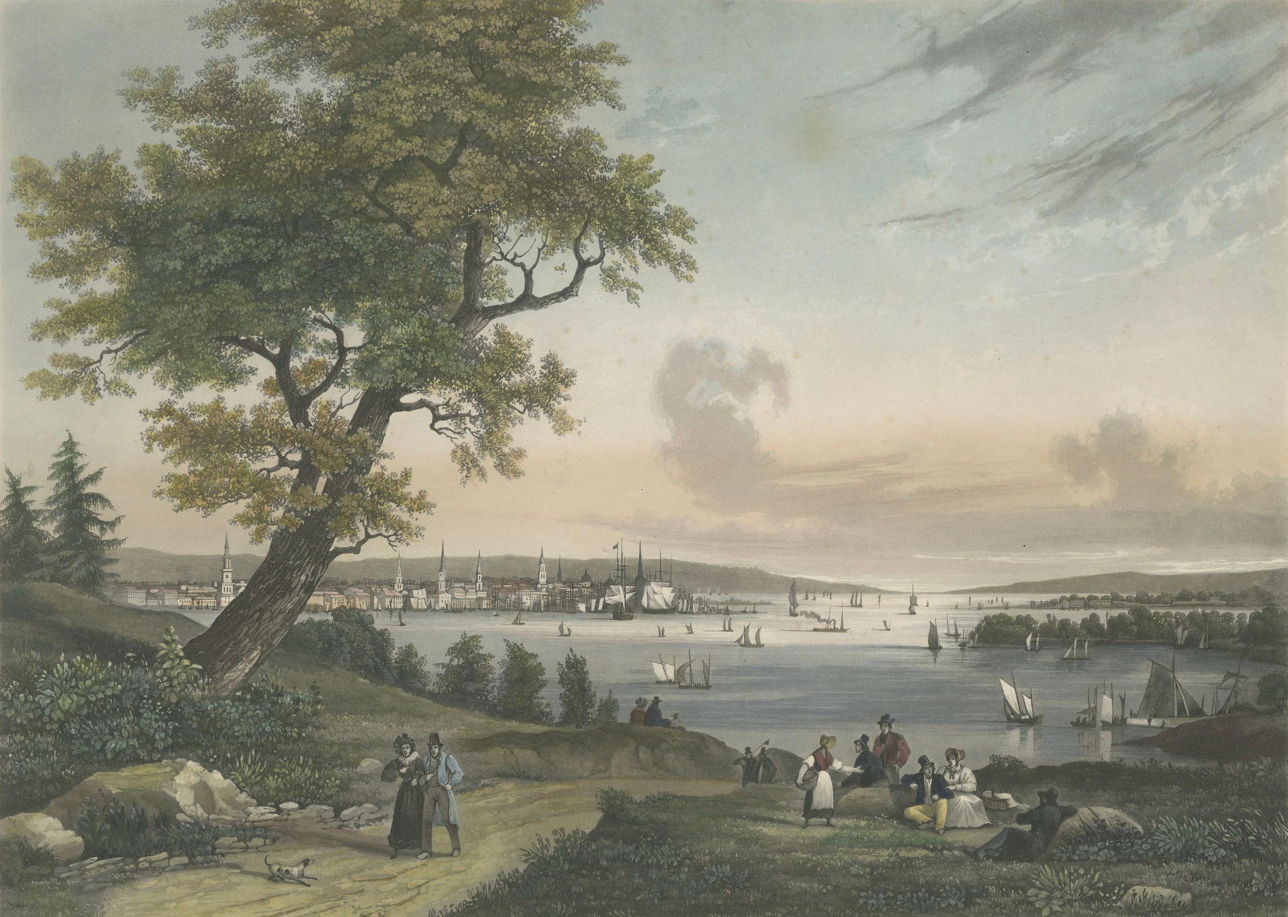 Ansicht von New York City von Weehawken, seltener handkolorierter Aquatinta-Druck aus dem Jahr 1834 im Zustand „Gut“ im Angebot in Langweer, NL