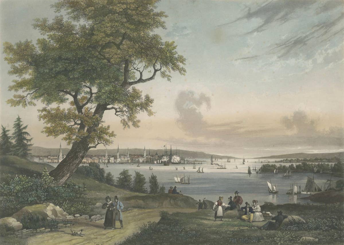 View of New York City from Weehawken, Rare Hand-Colored 1834 Aquatint Print