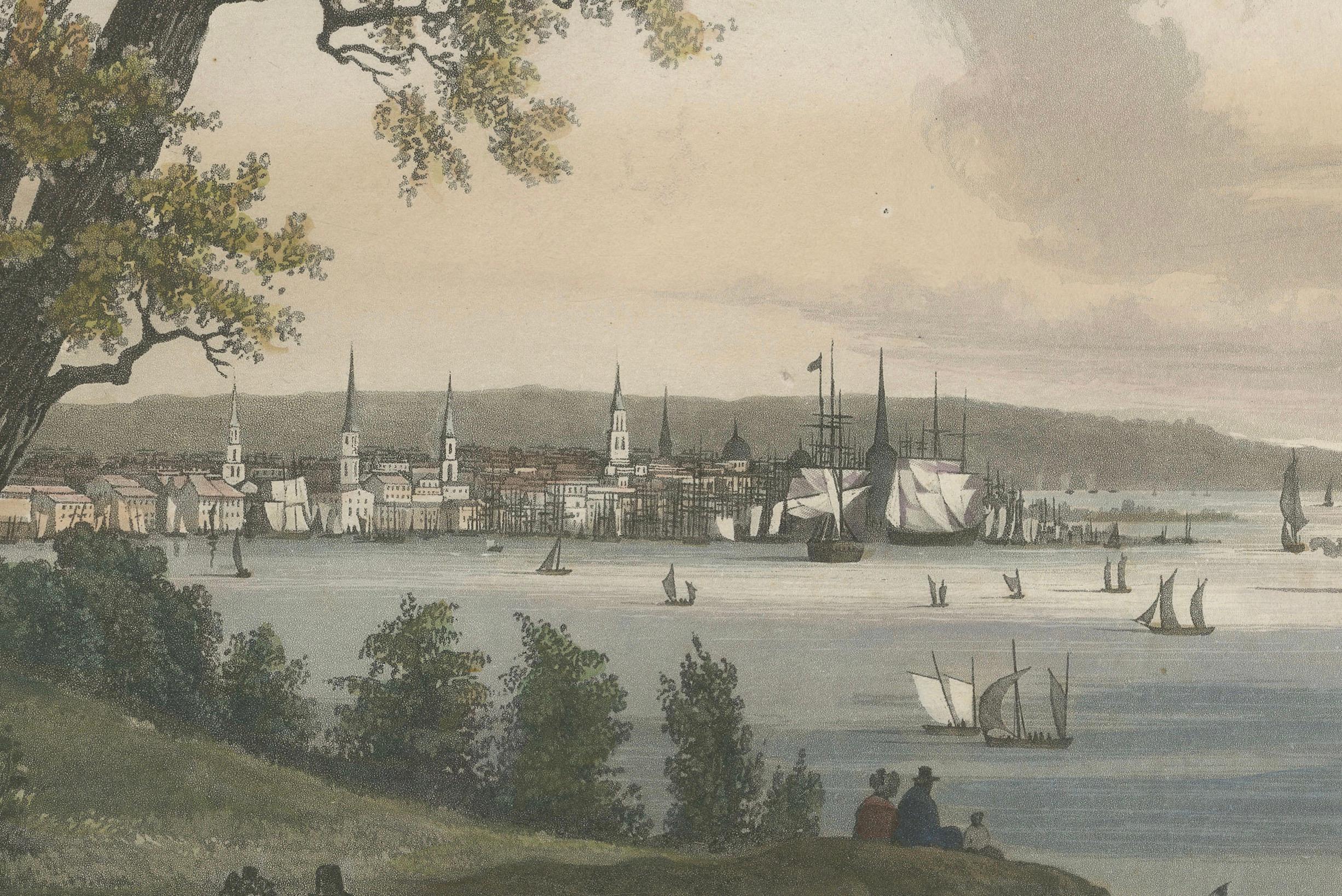 Ansicht von New York City von Weehawken, seltener handkolorierter Aquatinta-Druck aus dem Jahr 1834 (Mittleres 19. Jahrhundert) im Angebot