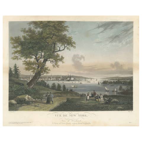 View of New York City from Weehawken, Rare Hand-Colored 1834 Aquatint Print
