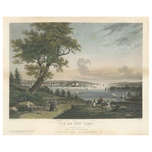 View of New York City from Weehawken, Rare Hand-Colored 1834 Aquatint Print