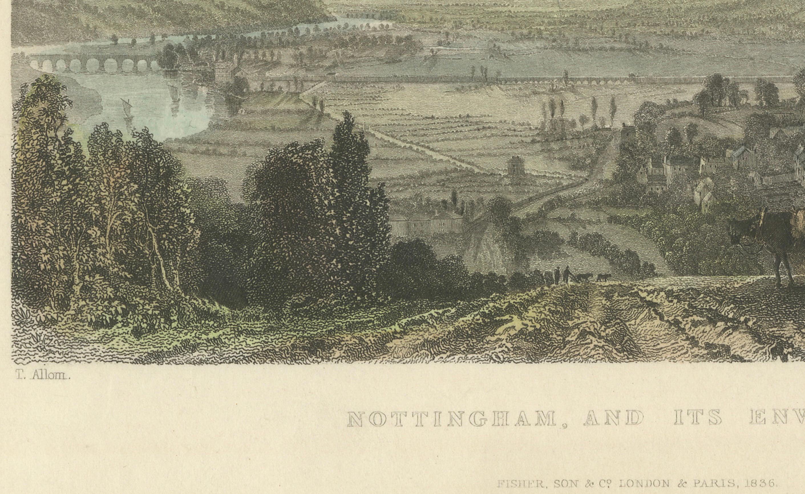 Engraved View of Nottingham and the Trent River in a Steel-Engraving, 1836 For Sale