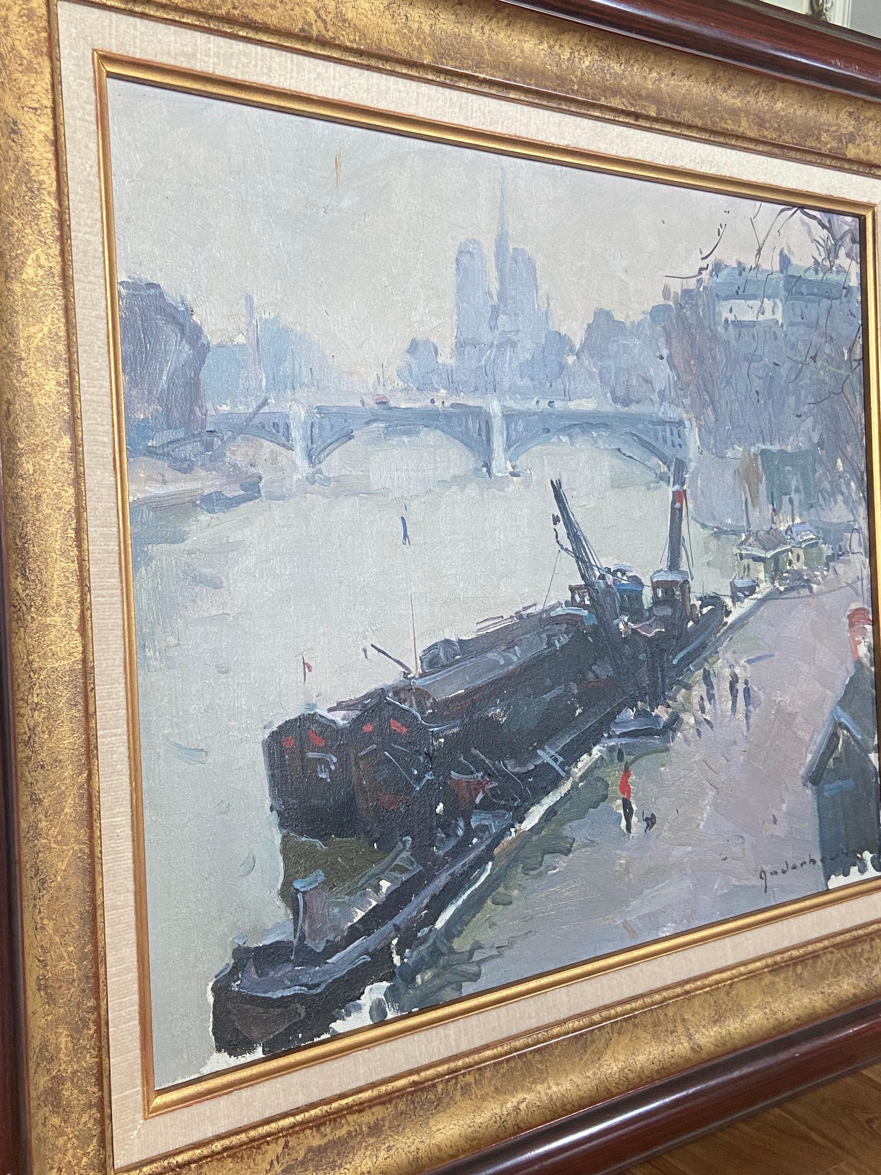 Hand-Painted View of Paris on the Seine Oil on Canvas Signed by Artist Paul Jean Anderbouhr  For Sale
