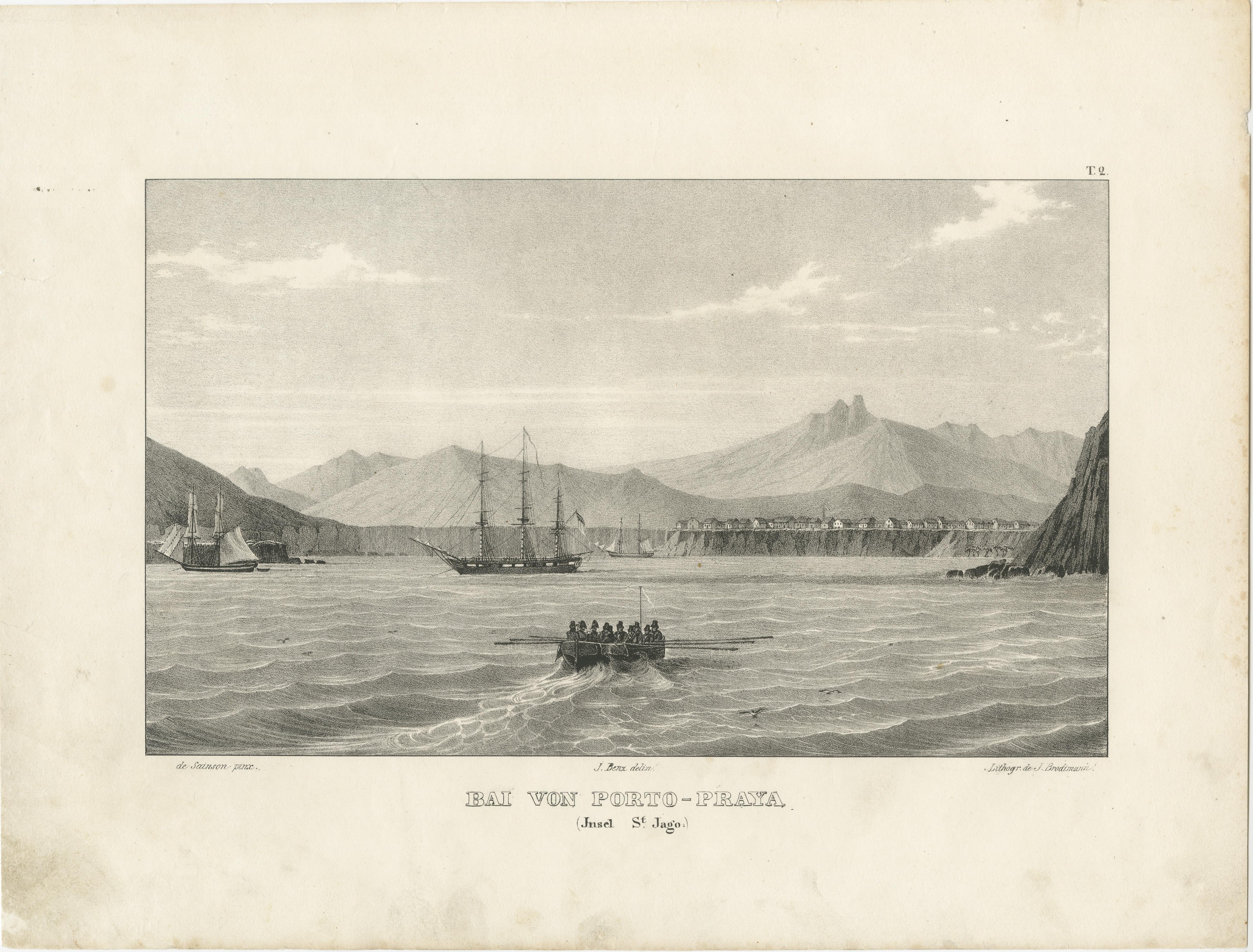 Title: View of Porto Praya Bay, Island of St. Jago  

Description: This serene lithograph, circa 1836, depicts a view of Porto Praya Bay on the island of St. Jago (modern-day Santiago, Cape Verde). The tranquil waters of the bay are animated by a