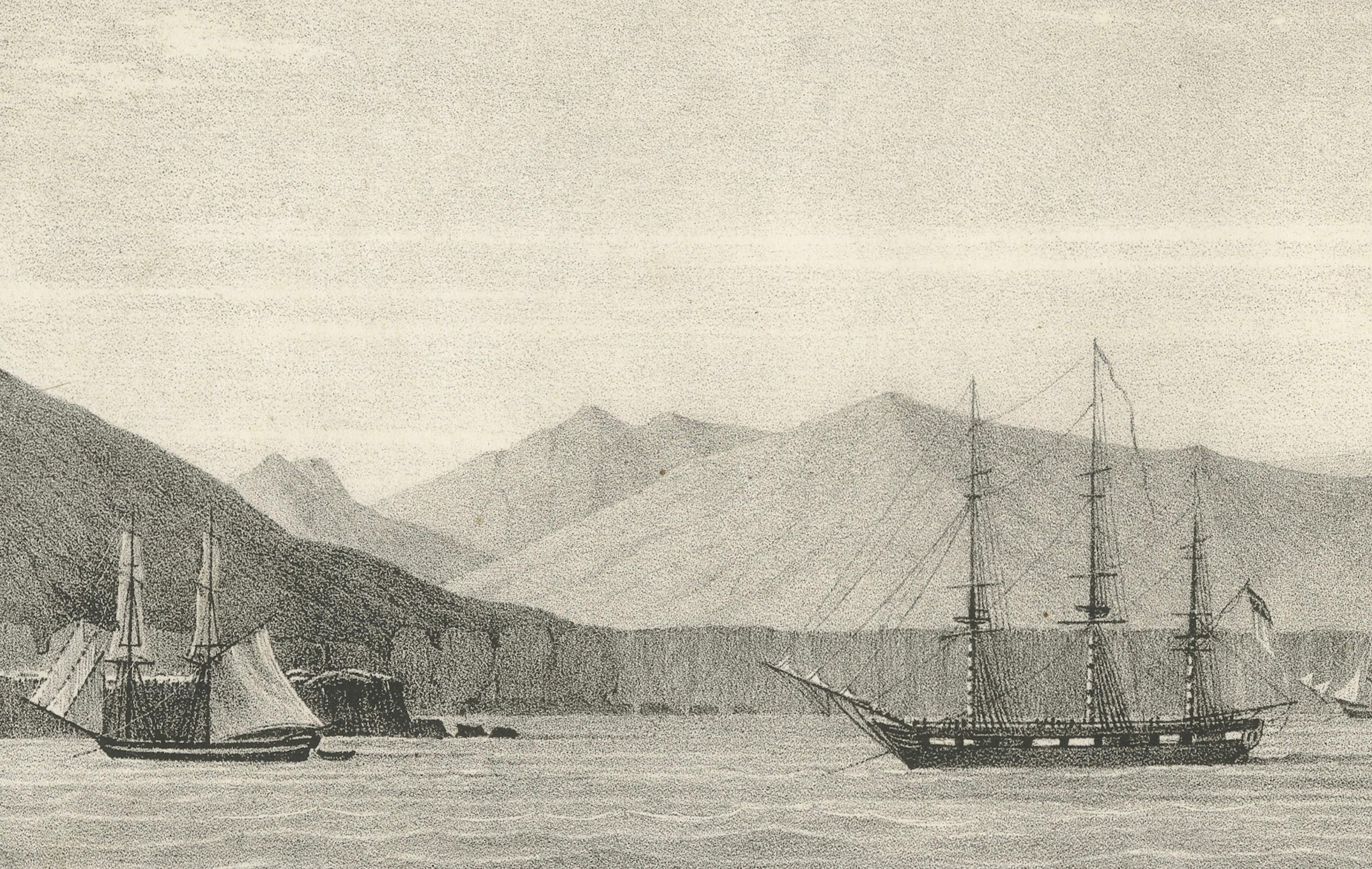 View of Porto Praya Bay, Island of St. Jago (Santiago, Cape Verde), circa 1836 In Good Condition For Sale In Langweer, NL