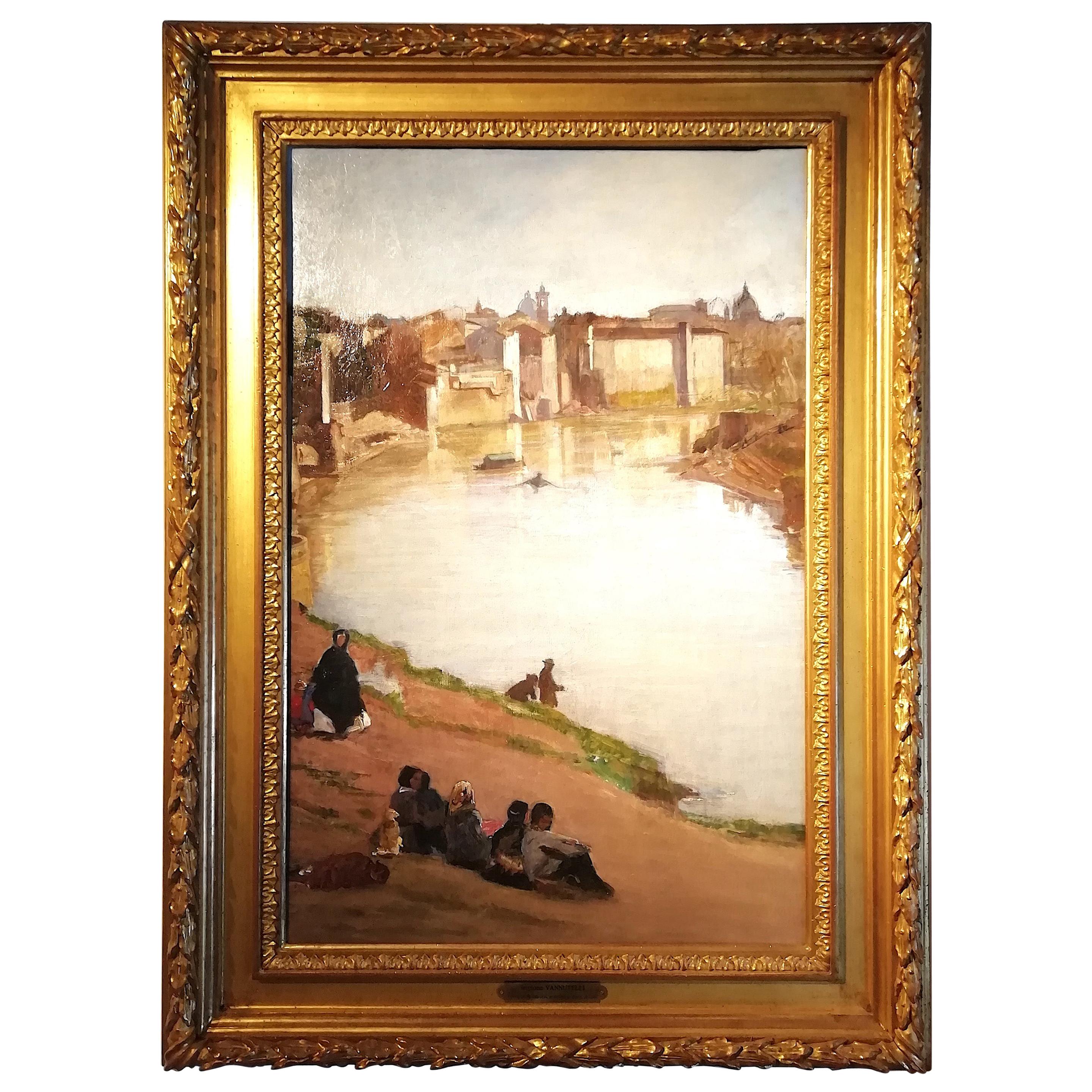 View of Rome with the Tiber River and the Ripetta Harbor, Vannutelli, Italian For Sale